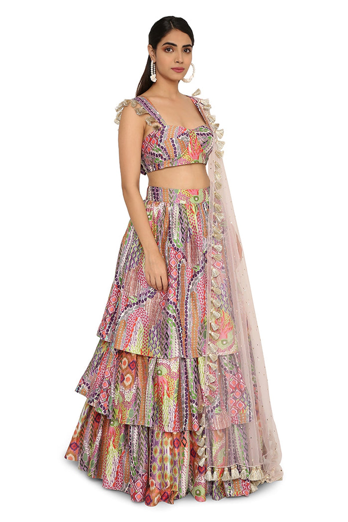 Zoha African Print Dupion Silk Bustier And Ruffled Skirt With Baby Pink Net Dupatta
