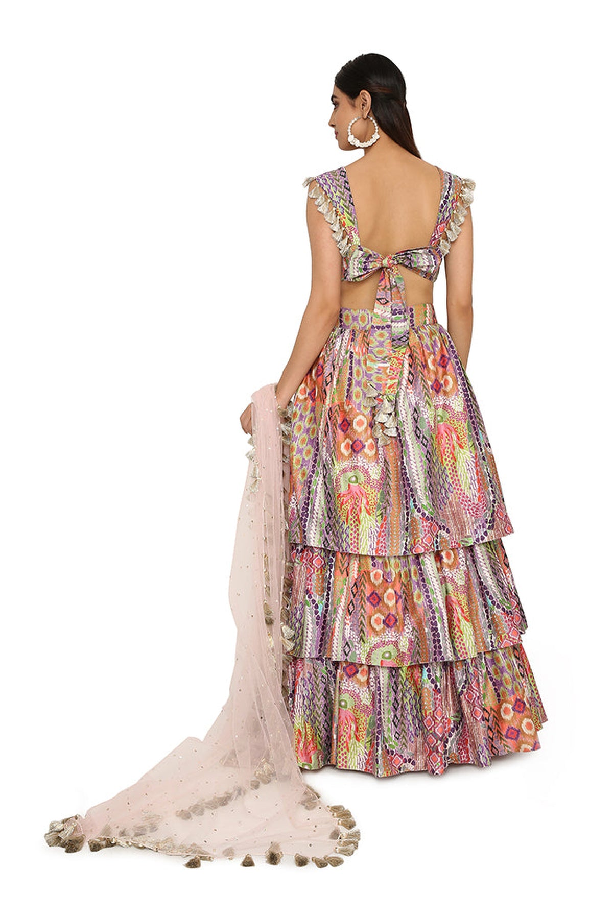 Zoha African Print Dupion Silk Bustier And Ruffled Skirt With Baby Pink Net Dupatta