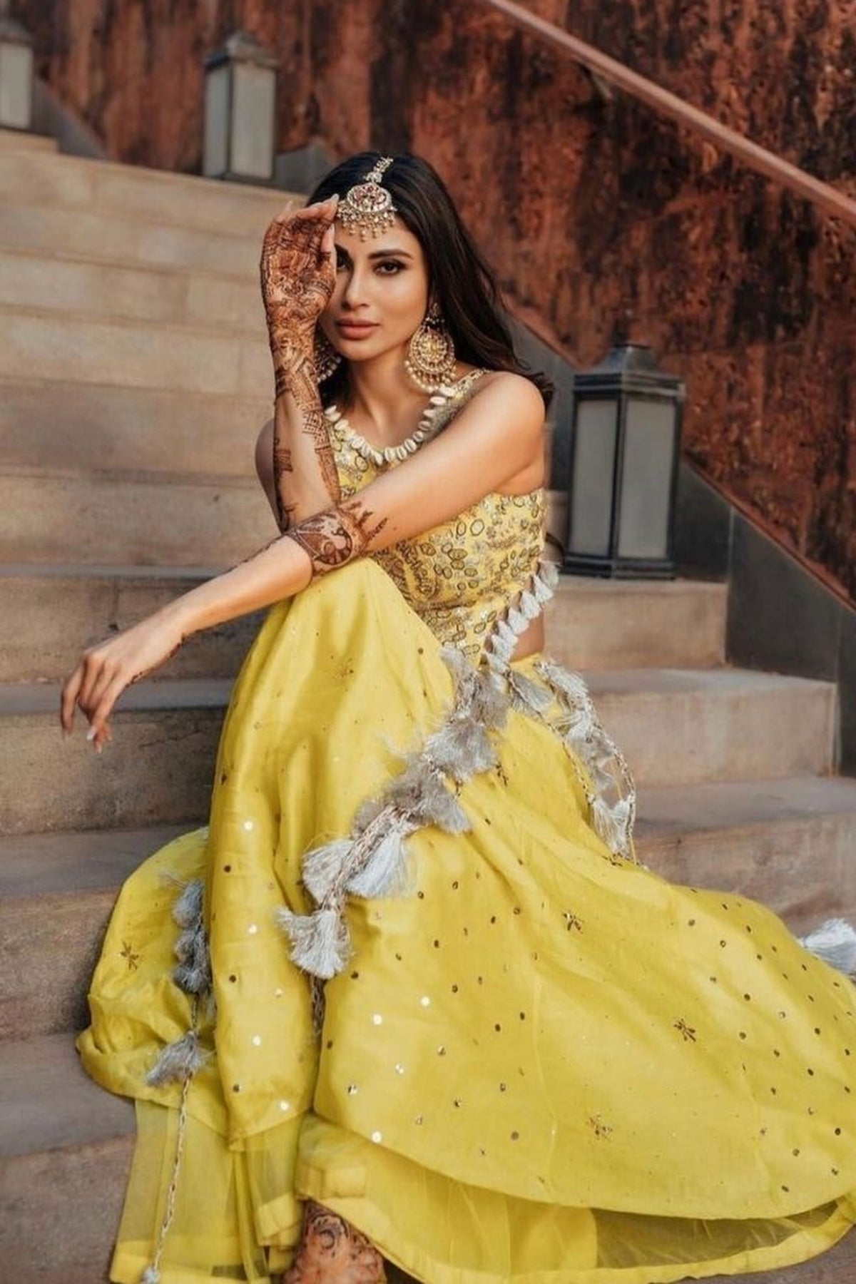 Mouni Roy in PS LIME GREEN EMBROIDERED LEHENGA