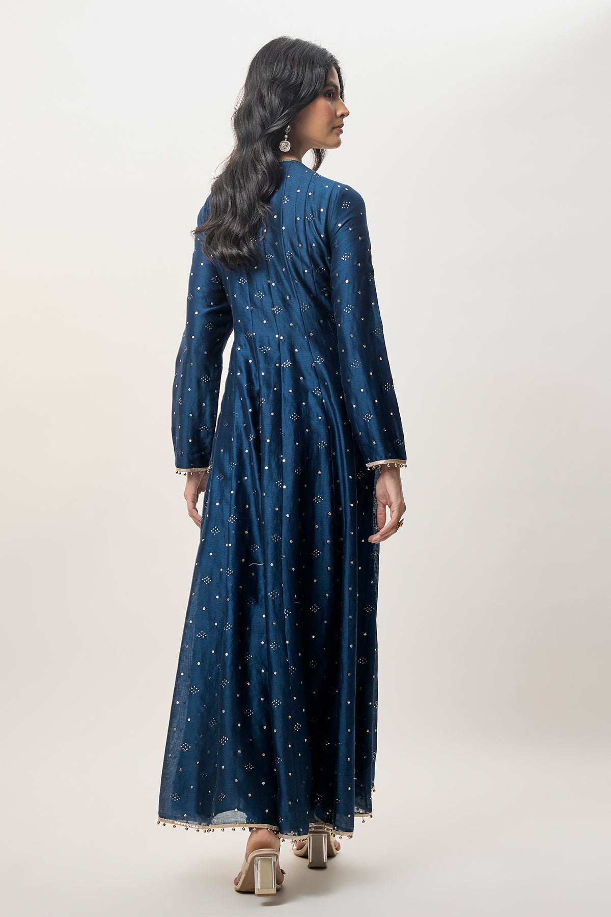 Ria Navy Blue Mukaish Silkmul Embroidered Anarkali With Churidar And Mukaish Net Dupatta