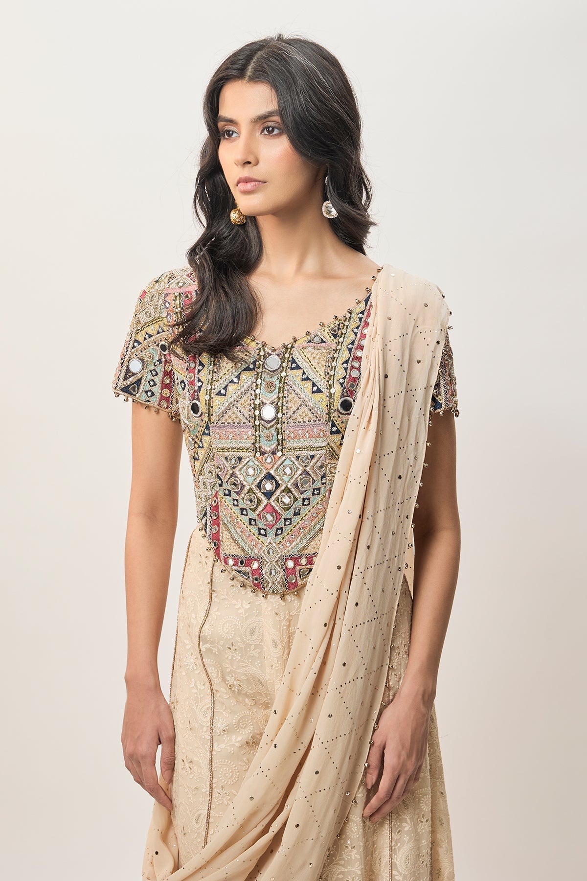 Hooria Stone Georgette Embroidered Choli And Lucknowi Sharara With Attached Pallu