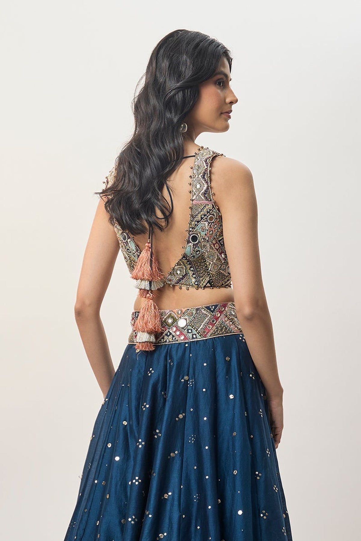 Mahnaz Navy Blue Georgette Embroidered Choli With Lehenga And Mukaish Net Dupatta