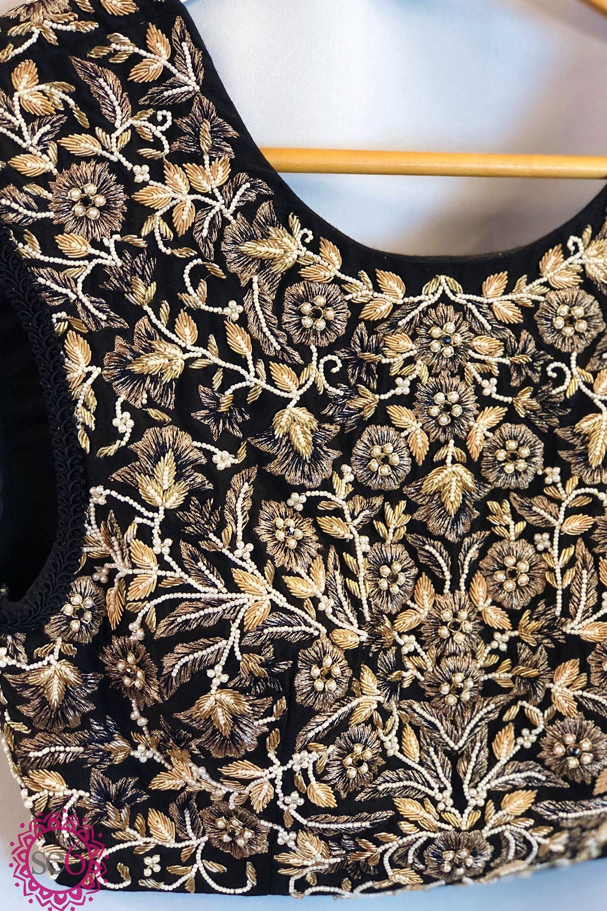 White Gold Floral Embroidered Black Blouse- Ready to Ship