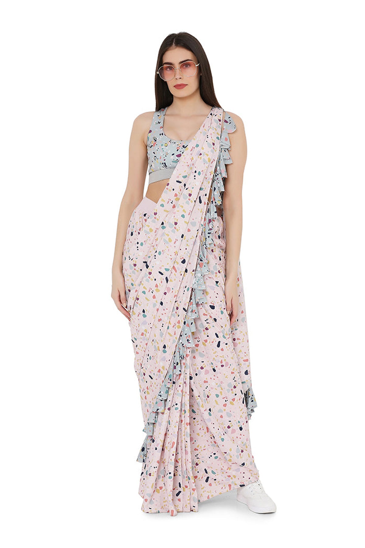 PRINTED GREEN & PINK STITCHED SAREE