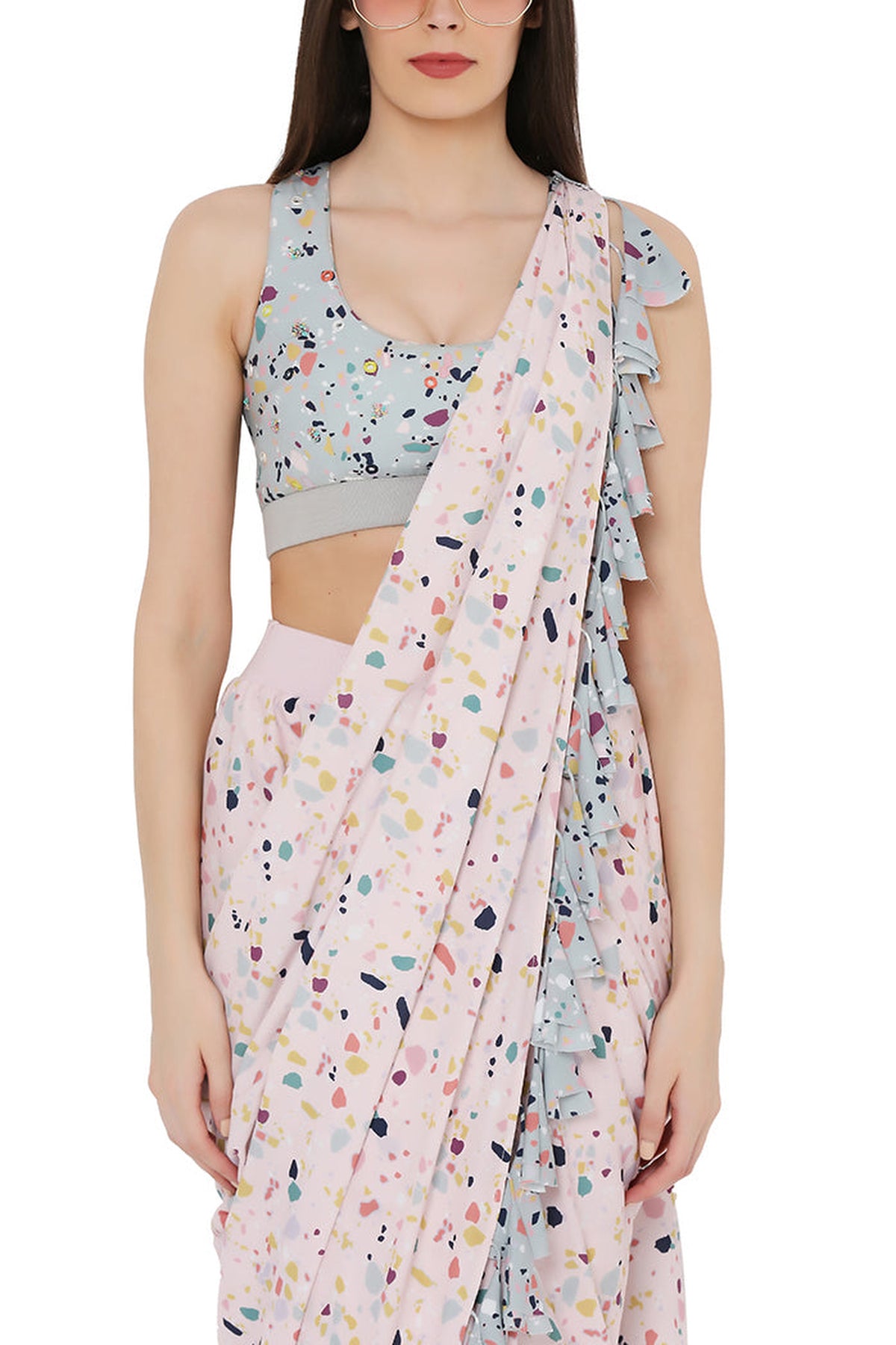 PRINTED GREEN & PINK STITCHED SAREE