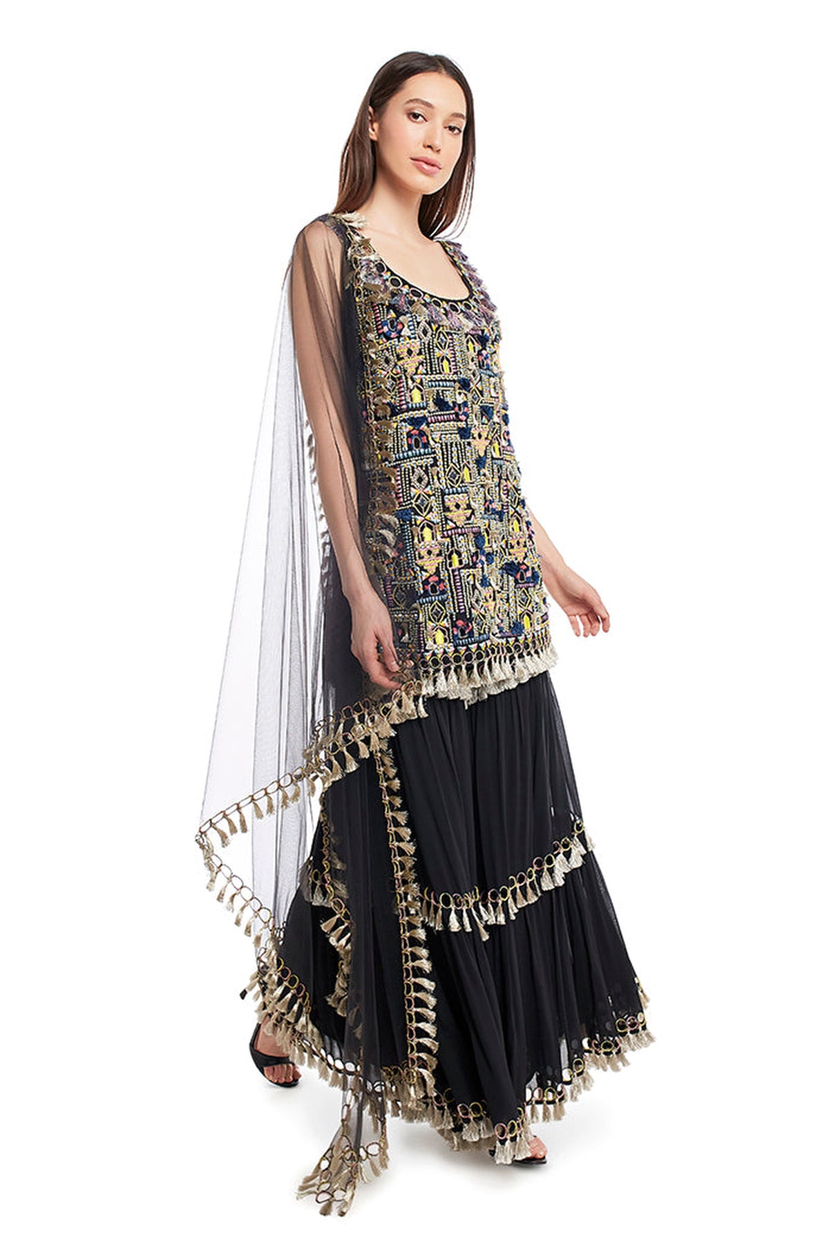 Black Multi-Color Embroidered Sharara Set