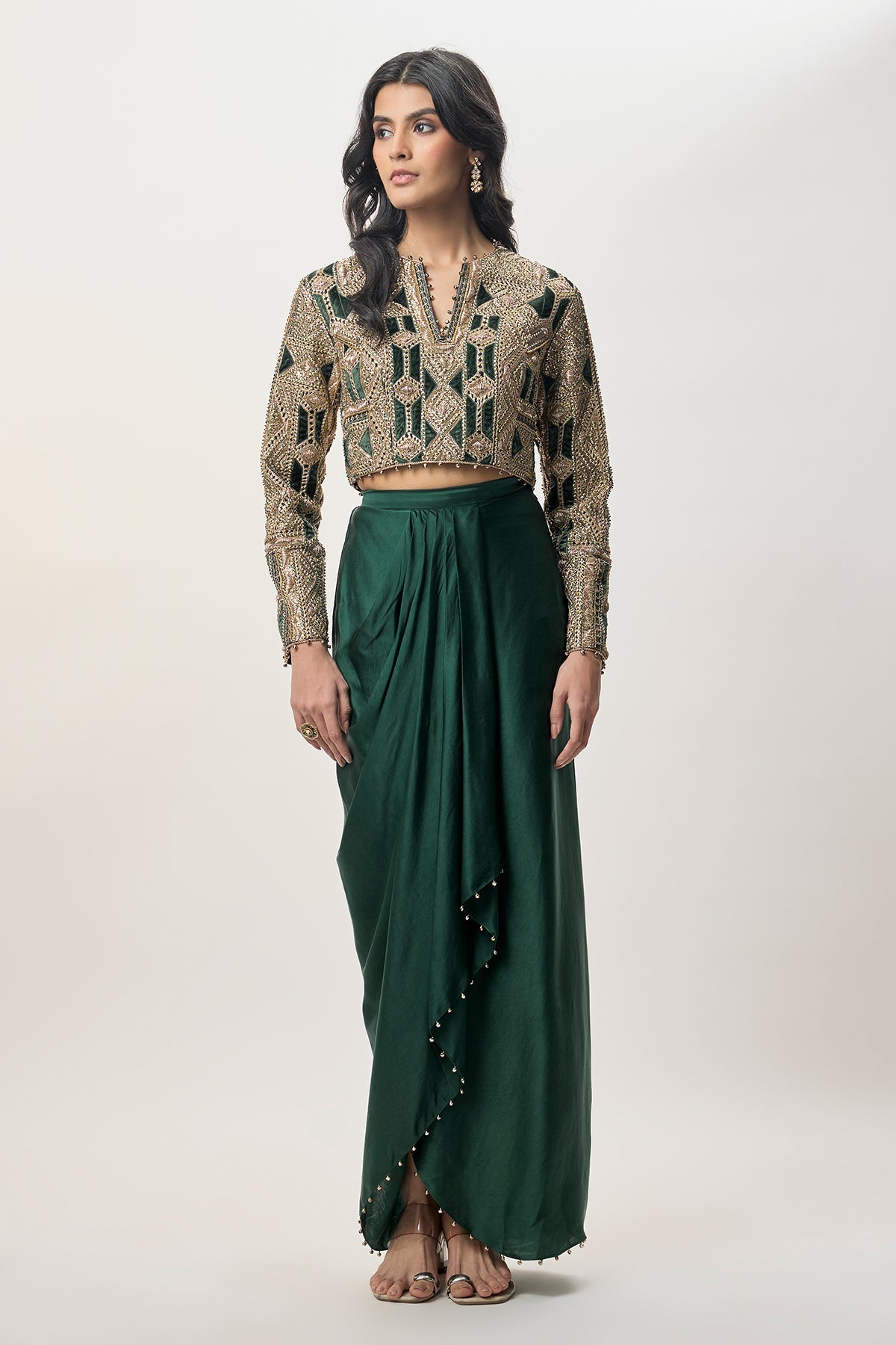 Sia Emerald Green Georgette Embroidered Choli And Satin Dhoti Skirt
