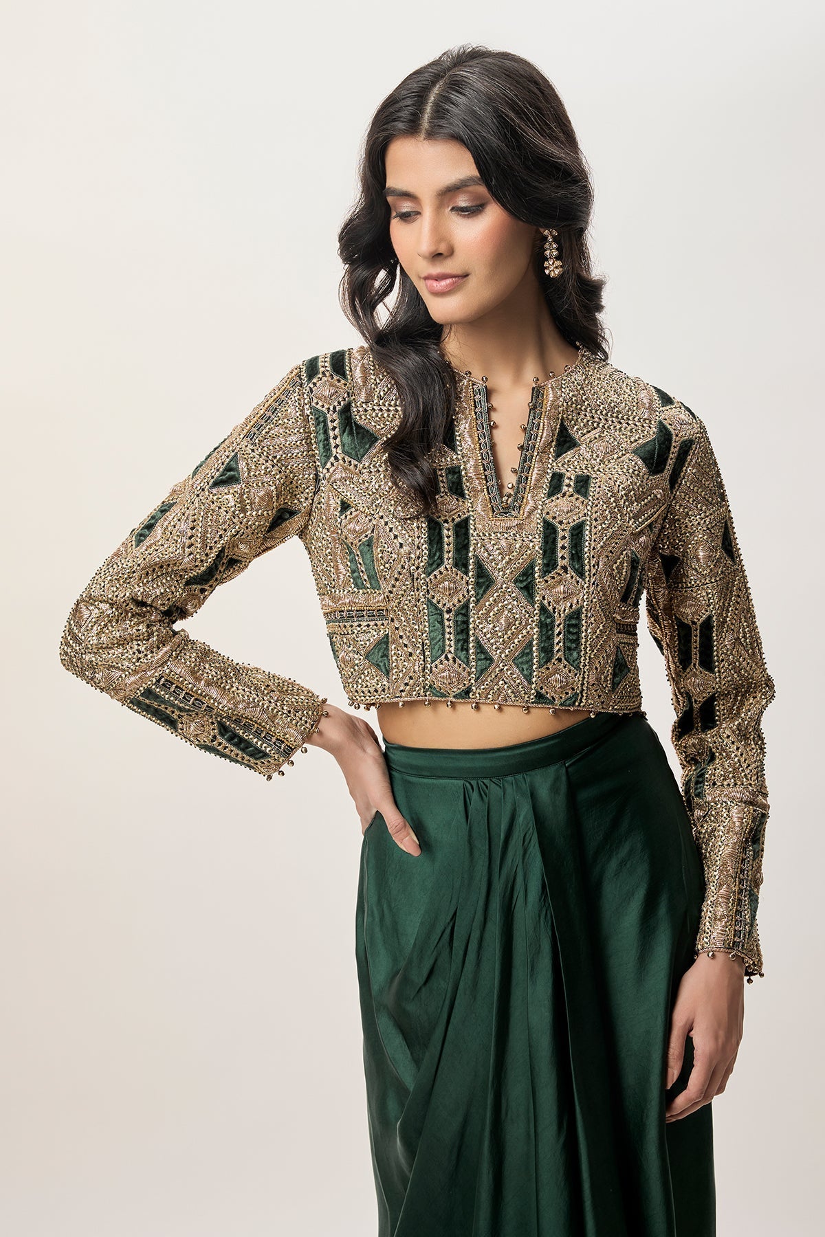 Sia Emerald Green Georgette Embroidered Choli And Satin Dhoti Skirt