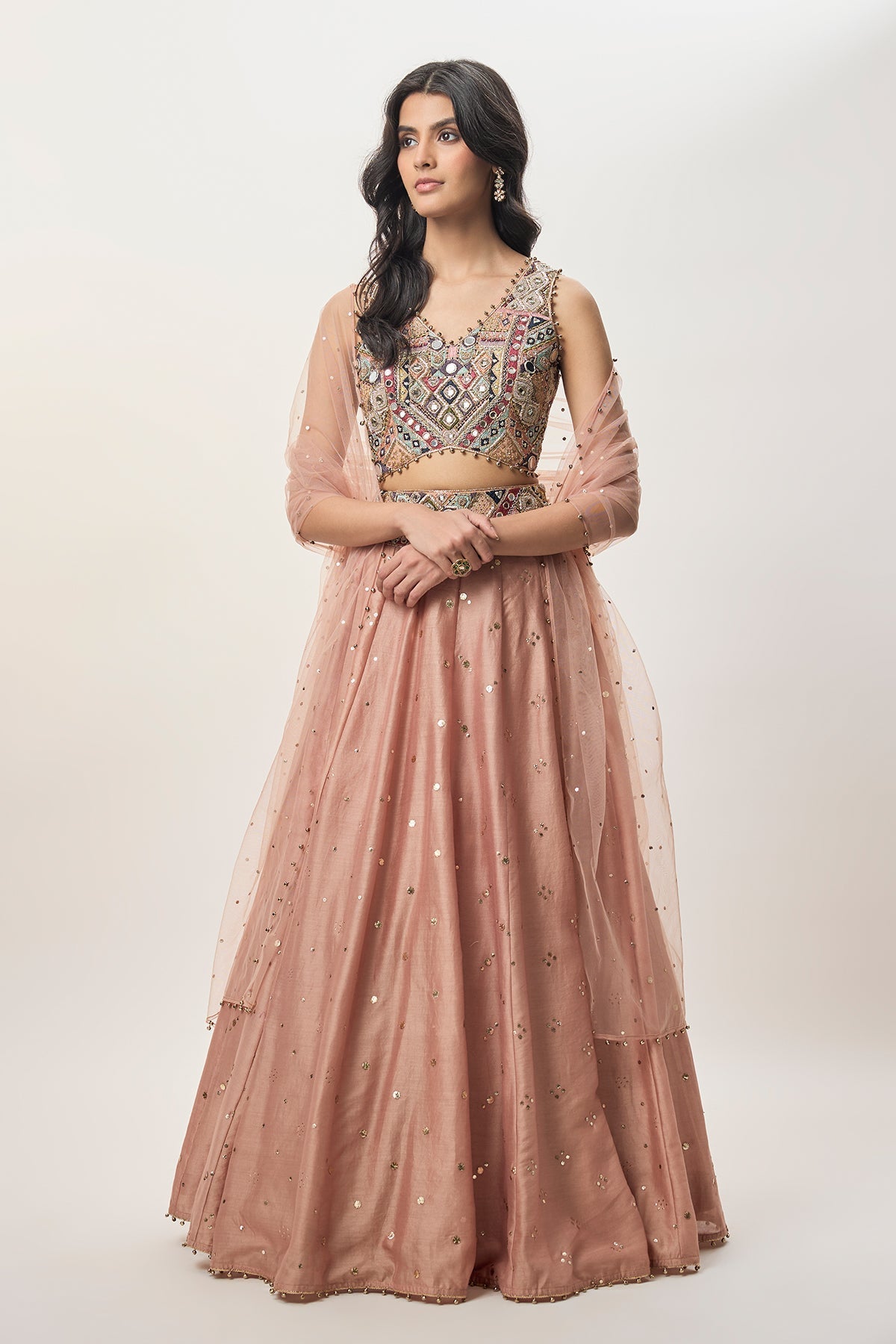 Mahnaz Peachy Pink Georgette Embroidered Choli With Lehenga And Mukaish Net Dupatta
