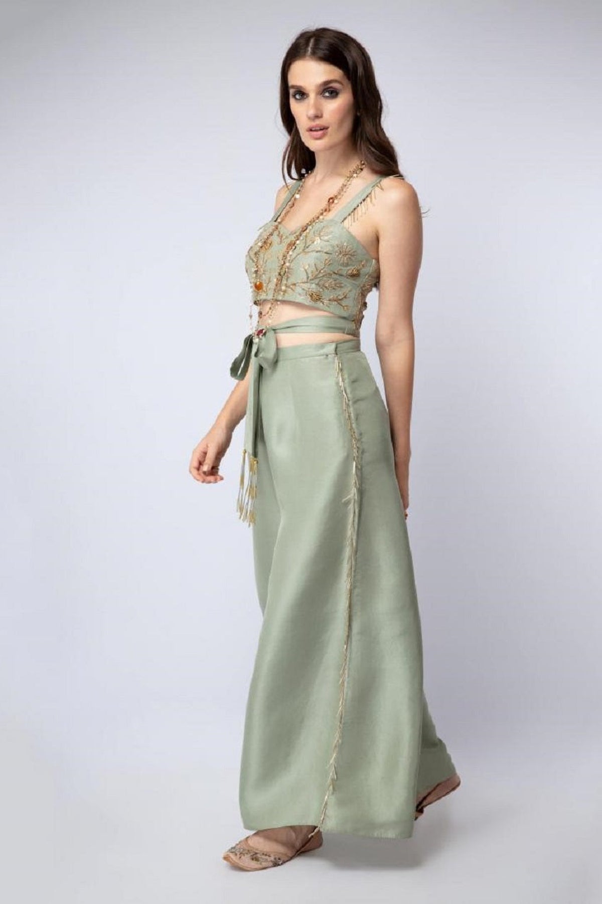 Mint Tie-Up Blouse with Palazzo Pants