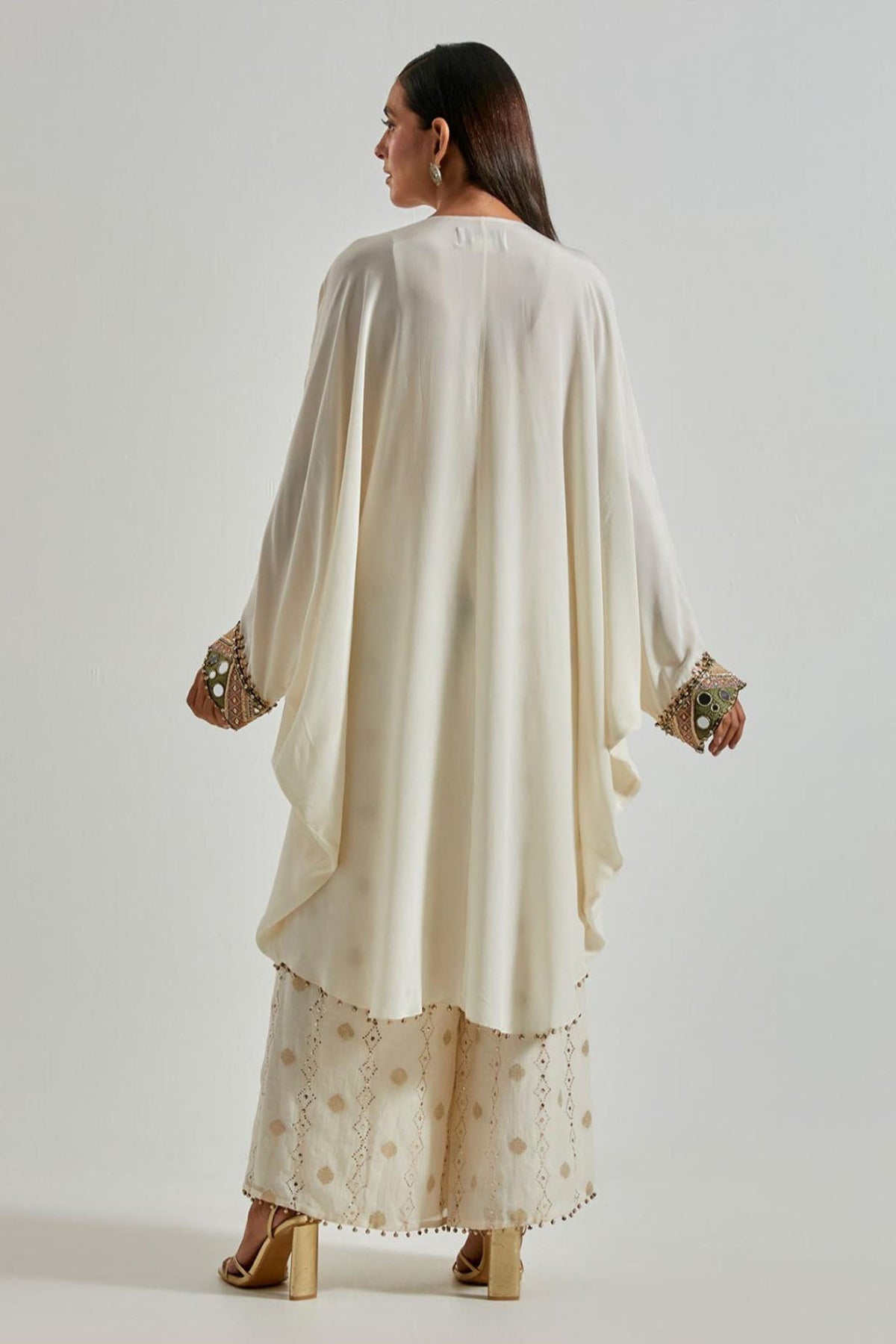 Off-White Crepe Kaftan with Banarasi Palazzo