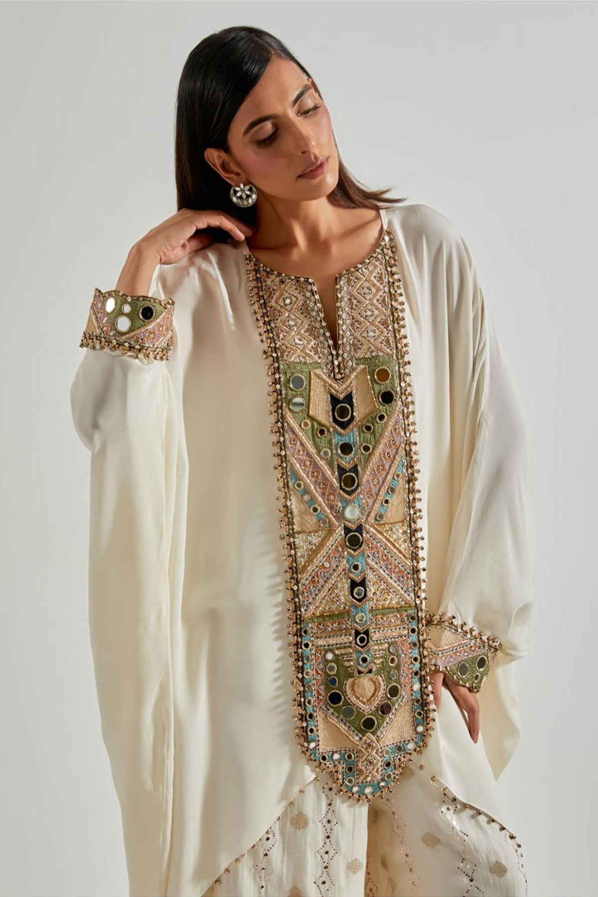 Off-White Crepe Kaftan with Banarasi Palazzo