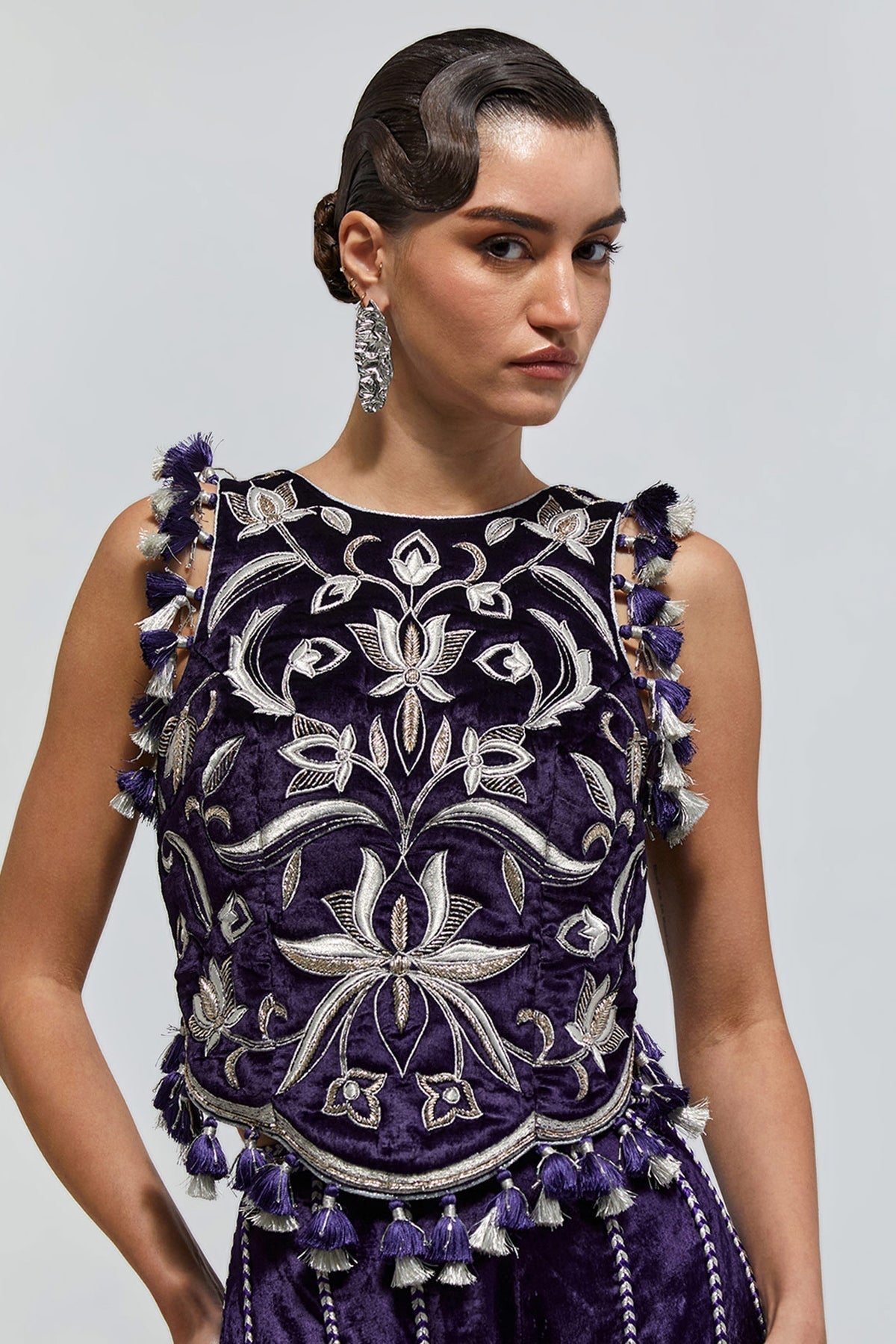 Zayn Purple Velvet Quilted Half Back Covered Embroidered Choli And Sharara