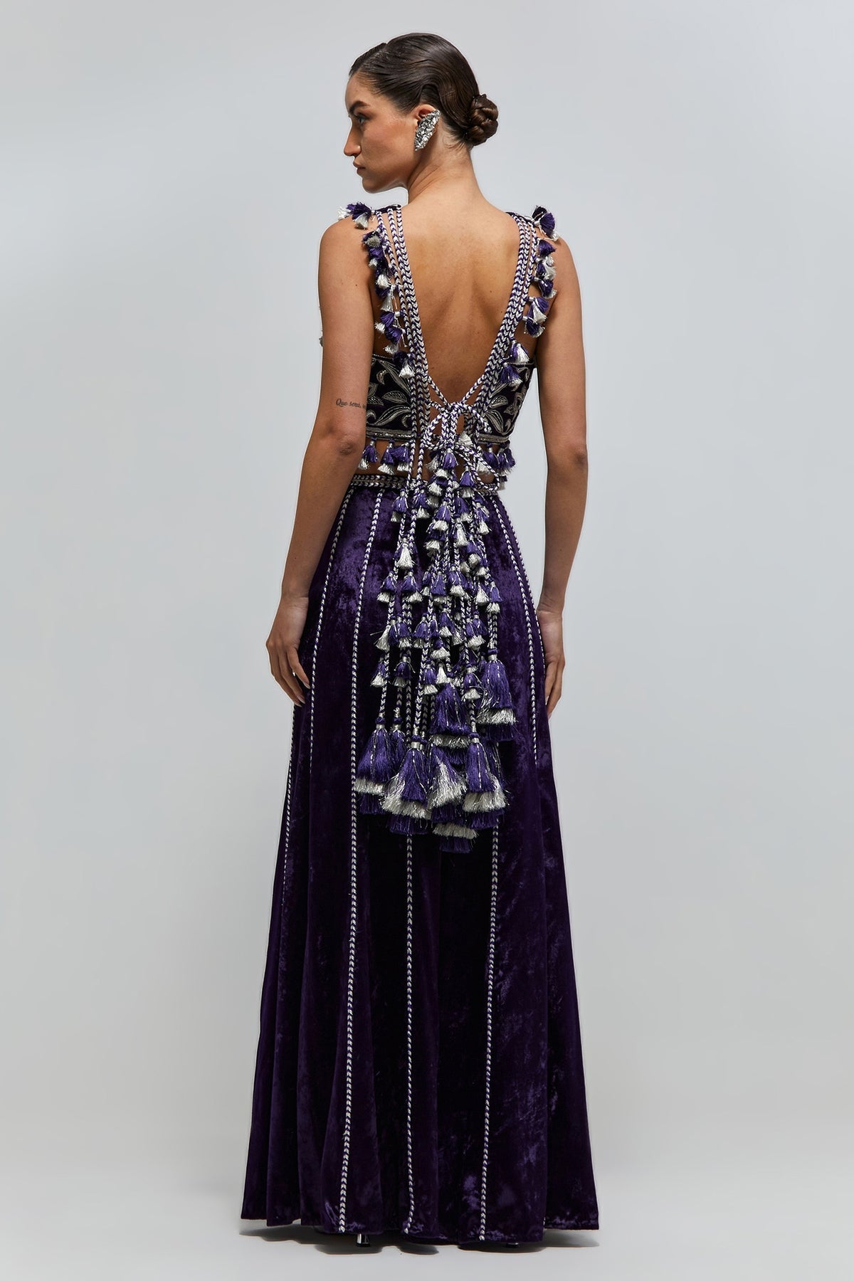 Zayn Purple Velvet Quilted Half Back Covered Embroidered Choli And Sharara