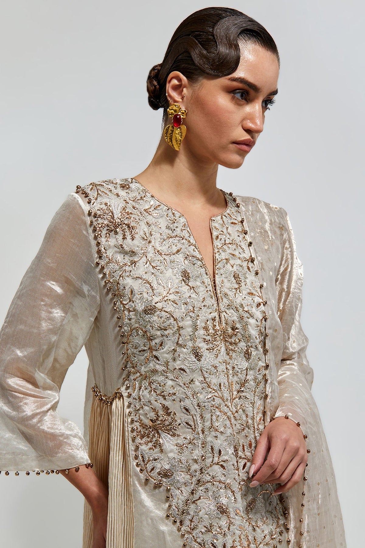 Rangrez Silver Gold Stripe Tissue Embroidered Yoke Kurta With Farshi Salwar And Organza Dupatta