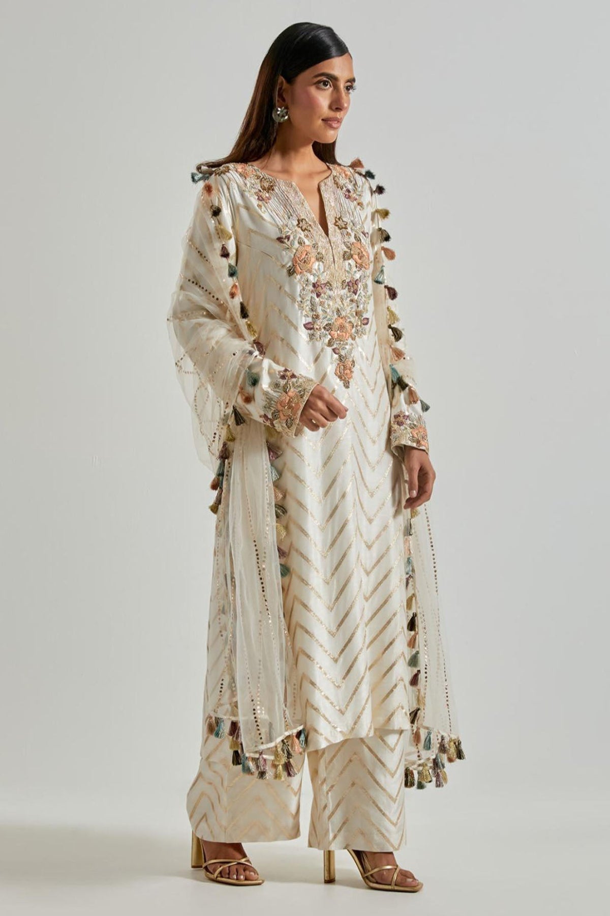 Off-White Zig-Zag Dola Silk Kurta with Palazzo & Net Dupatta