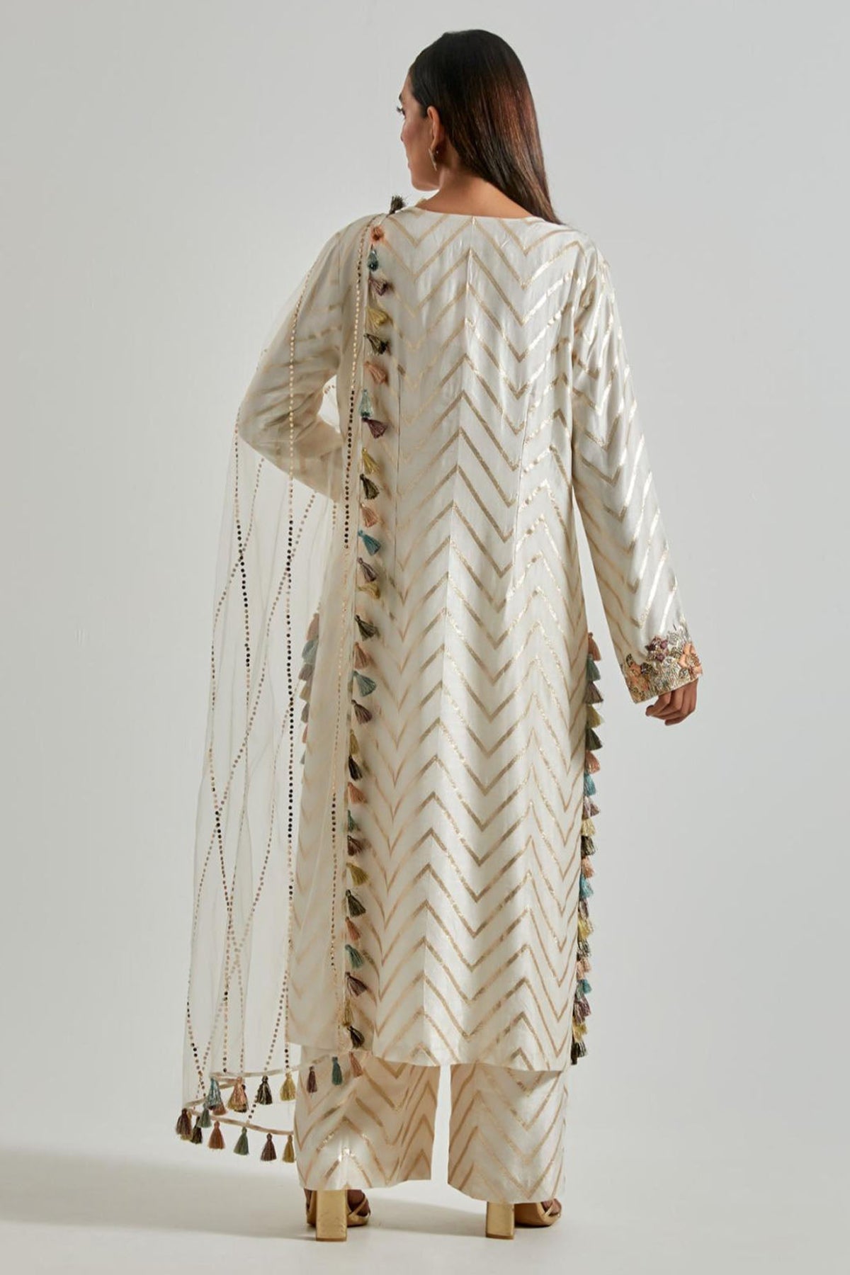 Off-White Zig-Zag Dola Silk Kurta with Palazzo & Net Dupatta