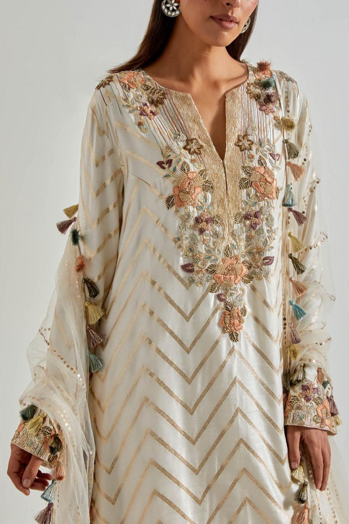 Off-White Zig-Zag Dola Silk Kurta with Palazzo & Net Dupatta