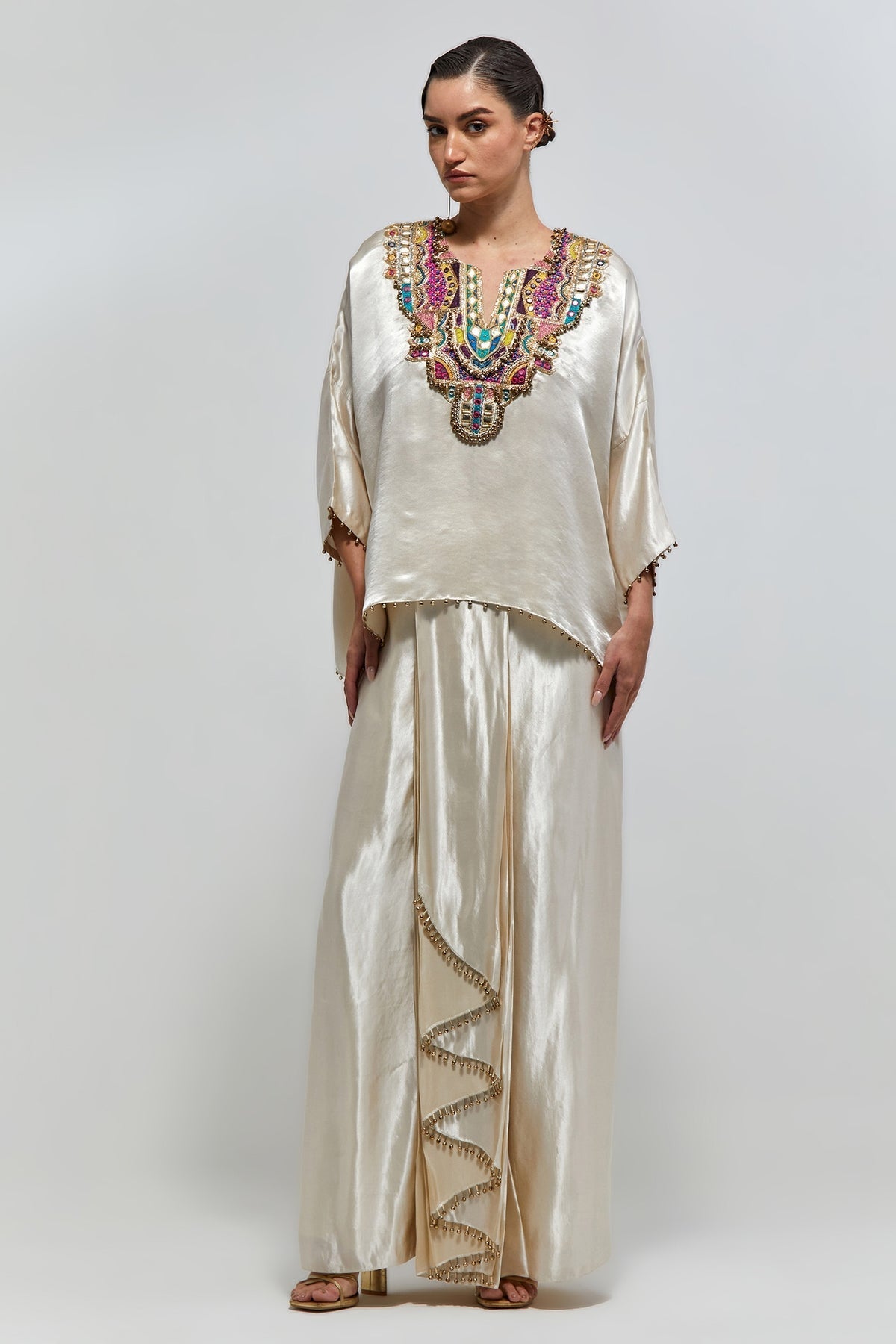Taraz Champagne Satin Embroidered Yoke Top And Lungi Skirt