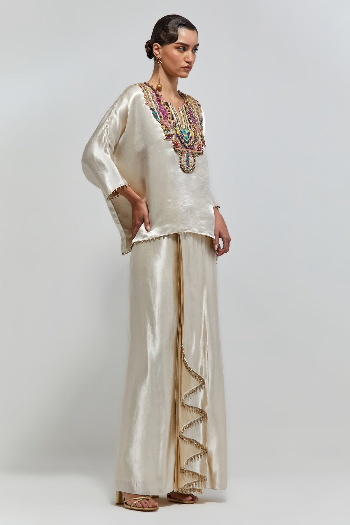 Taraz Champagne Satin Embroidered Yoke Top And Lungi Skirt