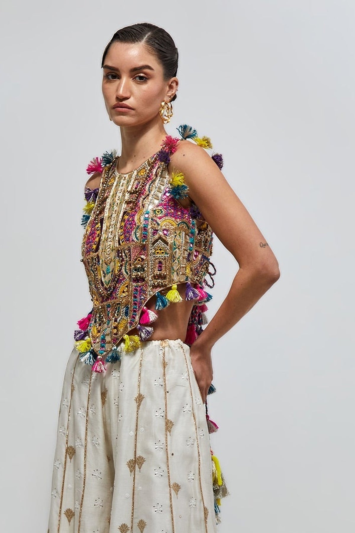 Fez Off-White Georgette Embroidered Choli And Banarasi Silkmul Sharara