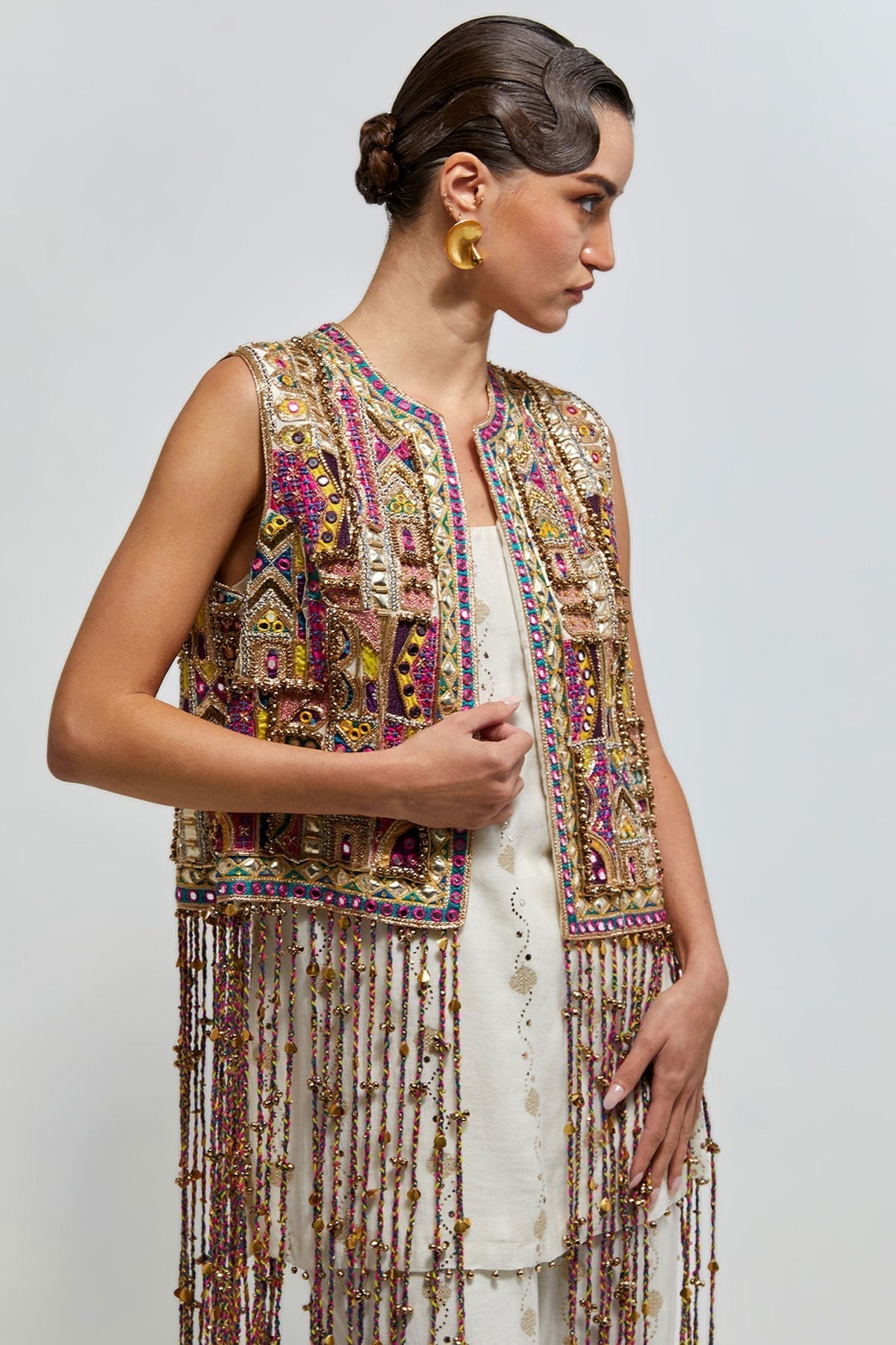 Kashish Off-White Georgette Embroidered Jacket With Short Kurta And Sharara