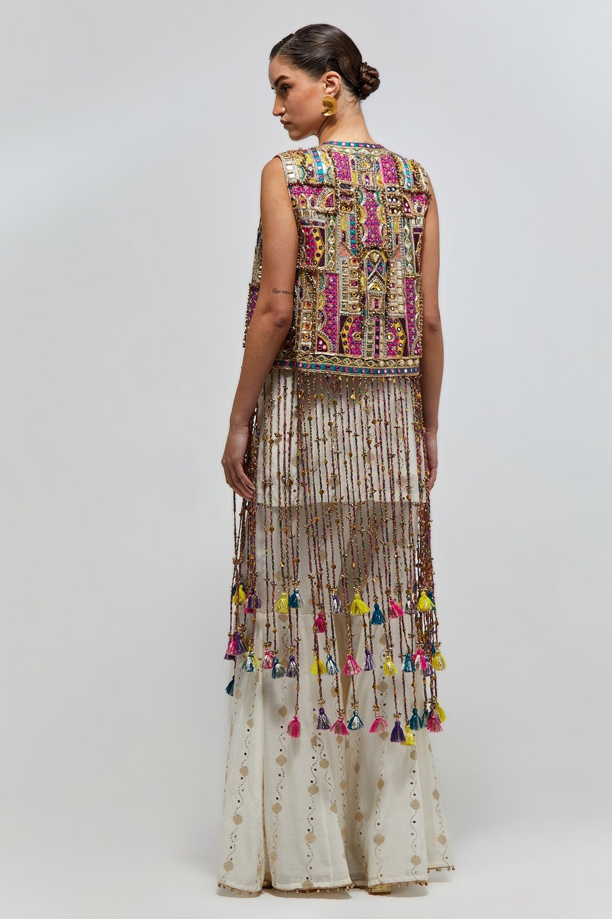 Kashish Off-White Georgette Embroidered Jacket With Short Kurta And Sharara
