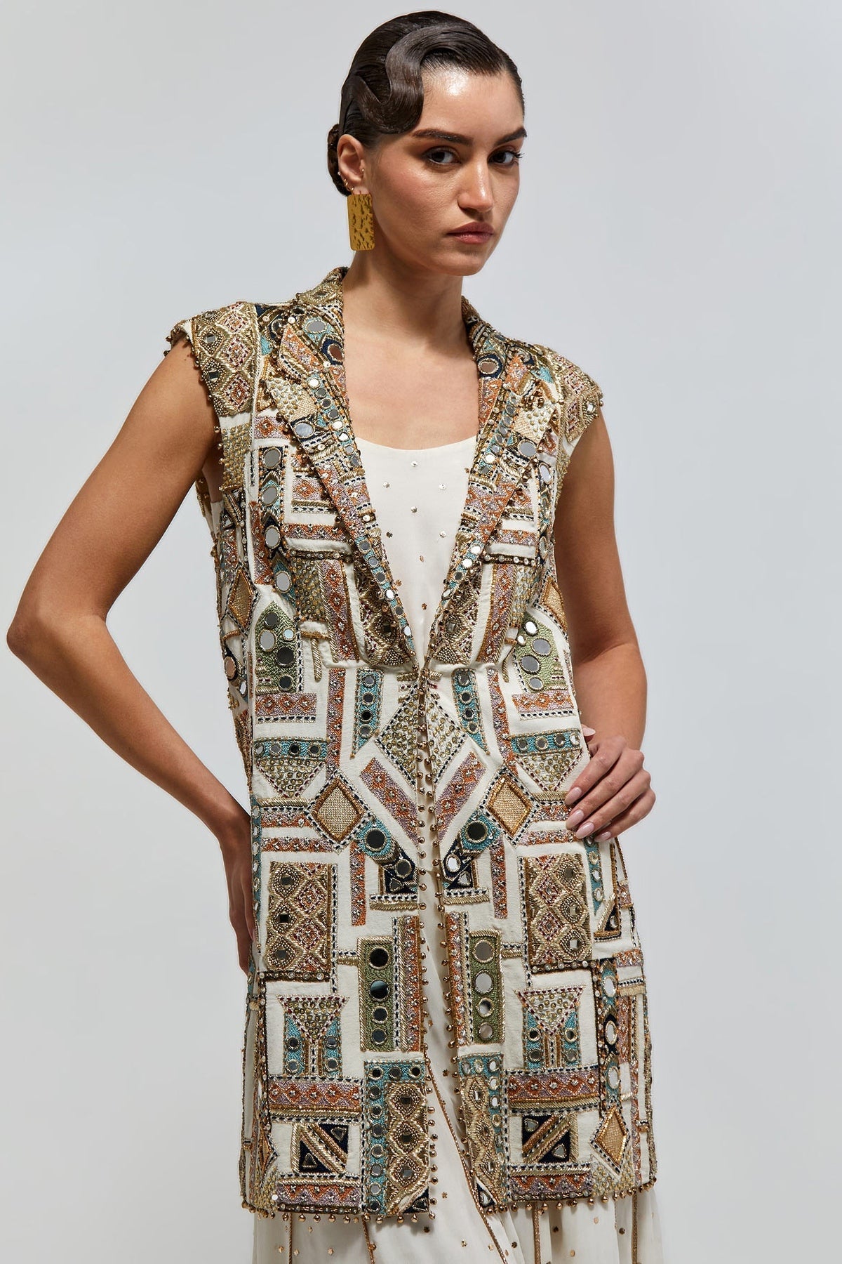 Asaar Off-White Georgette Embroidered Jacket With Mukaish Georgette Camisole And Sharara
