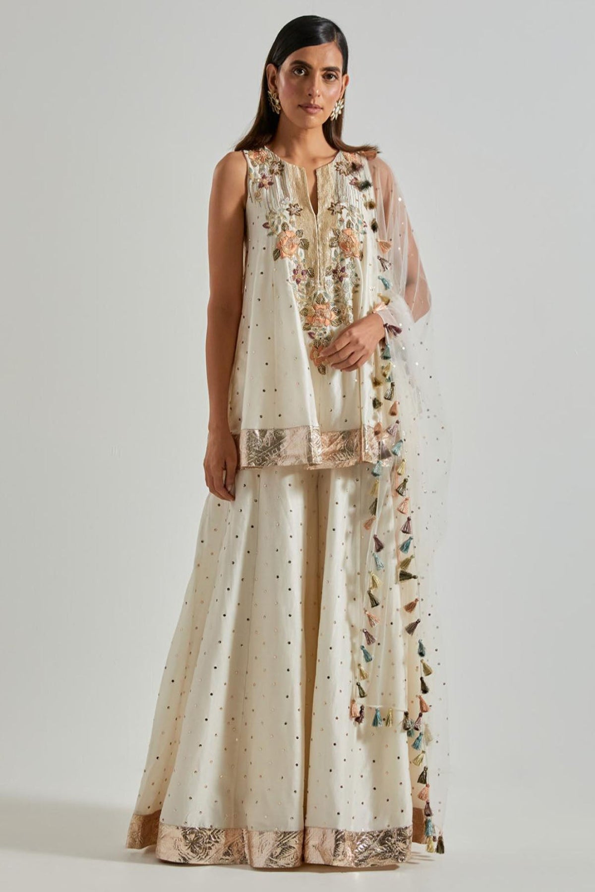 Off-White Silkmul Kurta with Sharara & Net Dupatta