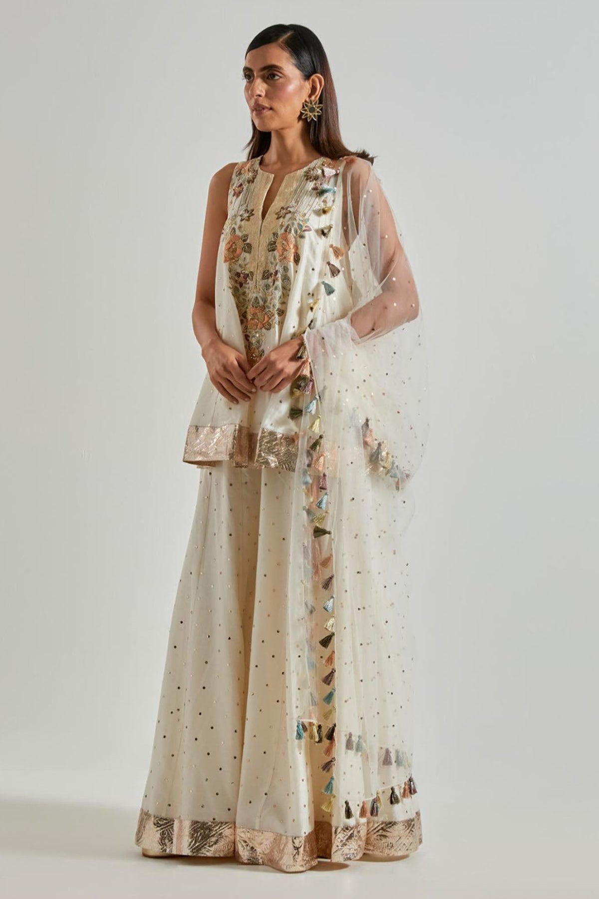 Off-White Silkmul Kurta with Sharara & Net Dupatta