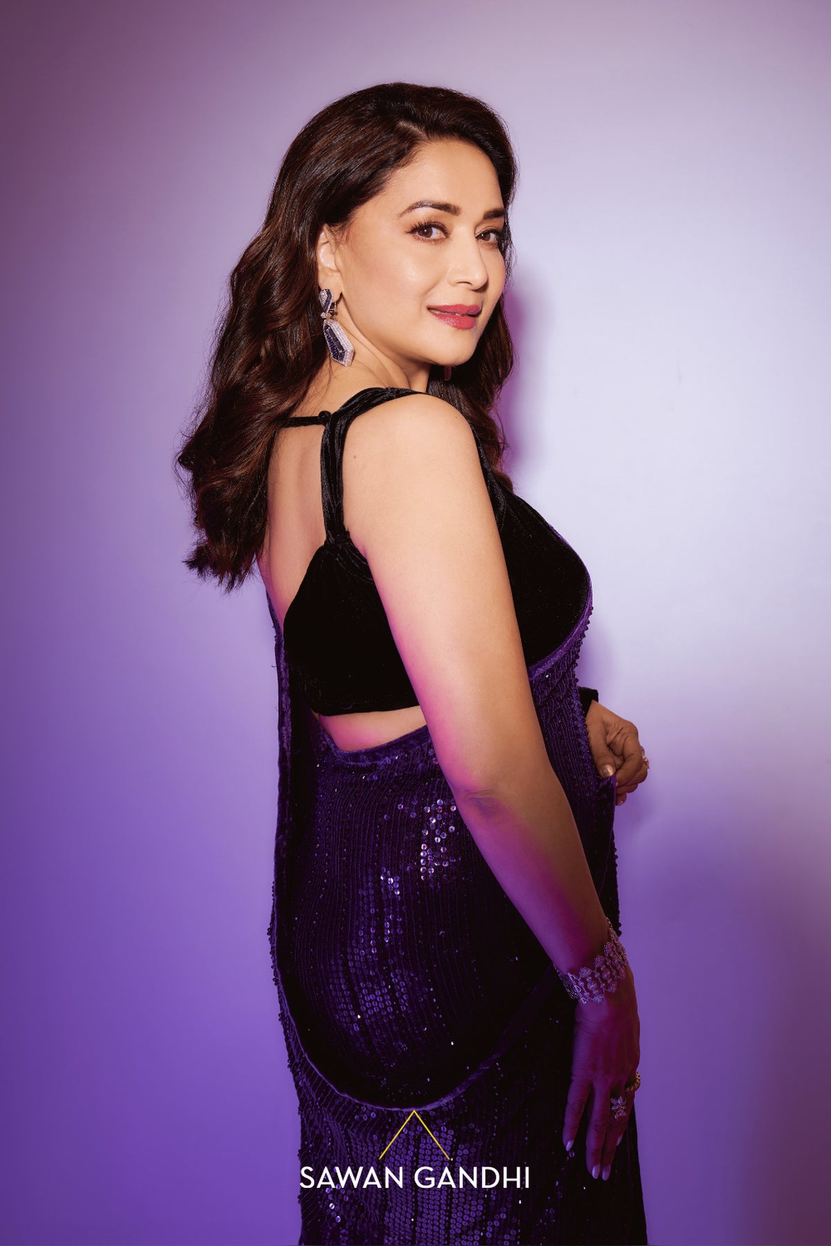 Madhuri Dixit in Royal purple to black ombrÃ© saree