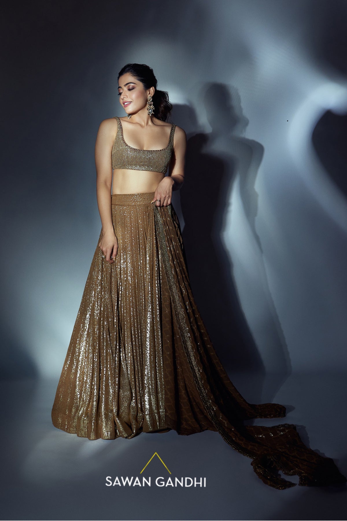Rashmika Mandanna in Coffee gold sequins lehnga set