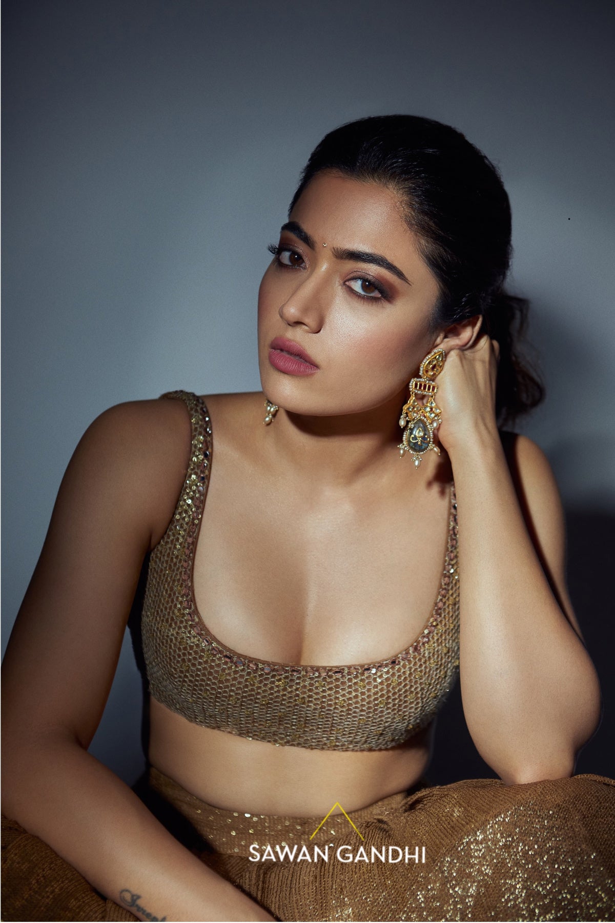 Rashmika Mandanna in Coffee gold sequins lehnga set