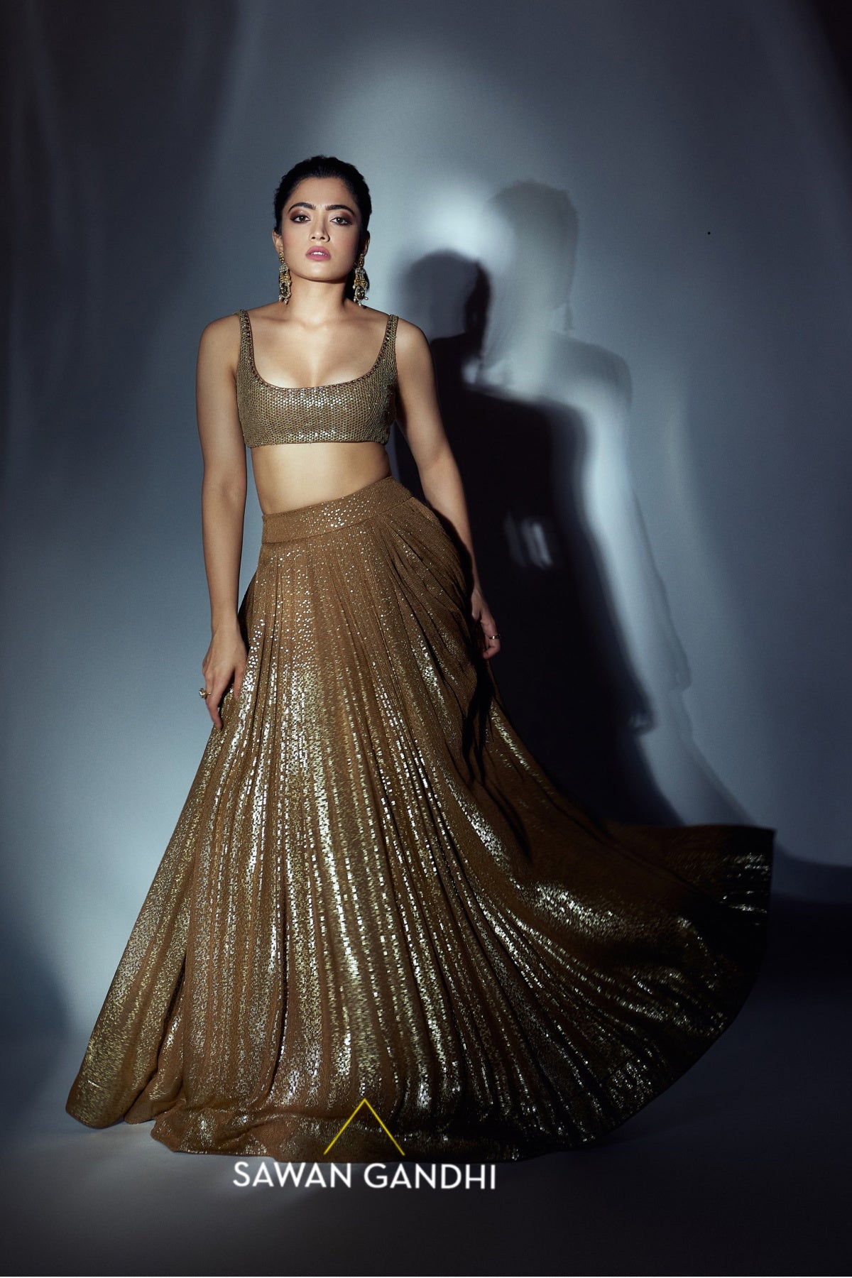 Rashmika Mandanna in Coffee gold sequins lehnga set
