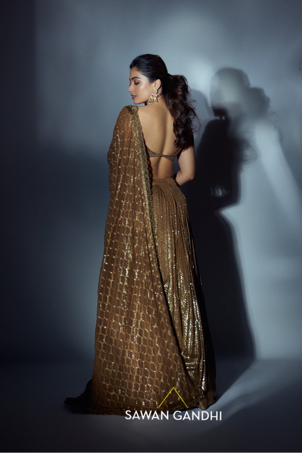 Rashmika Mandanna in Coffee gold sequins lehnga set