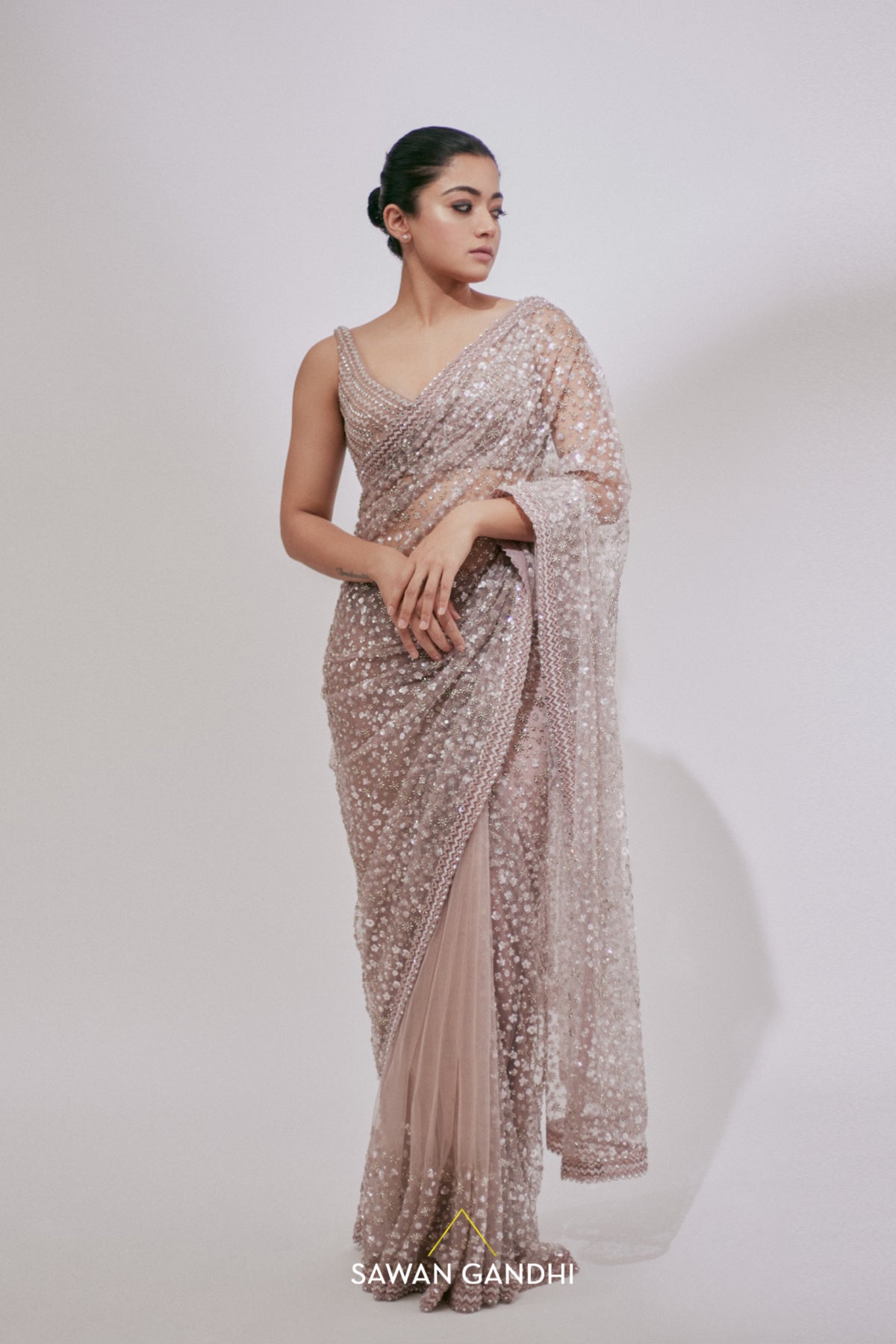 Rashmika Mandanna in Blush pink sequins and cutdana saree