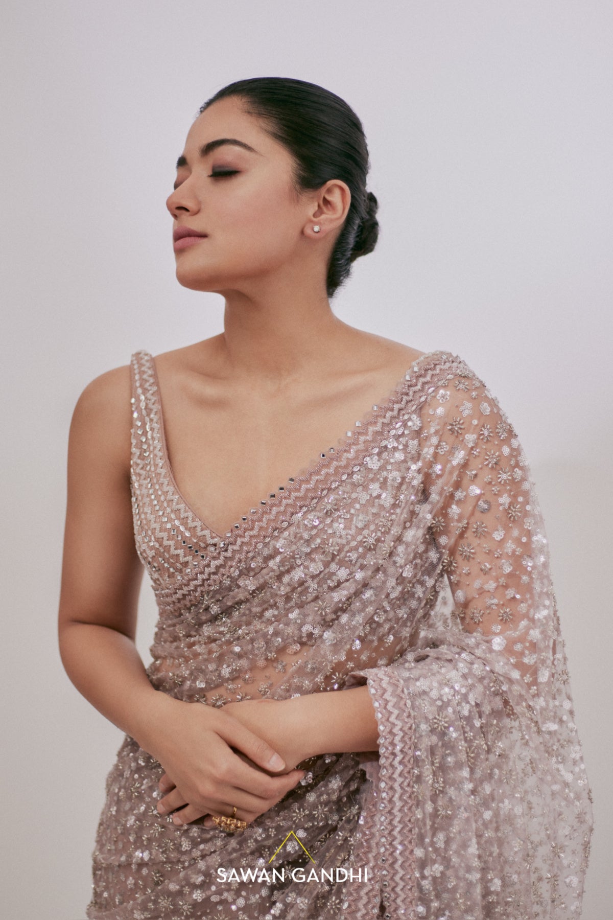 Rashmika Mandanna in Blush pink sequins and cutdana saree