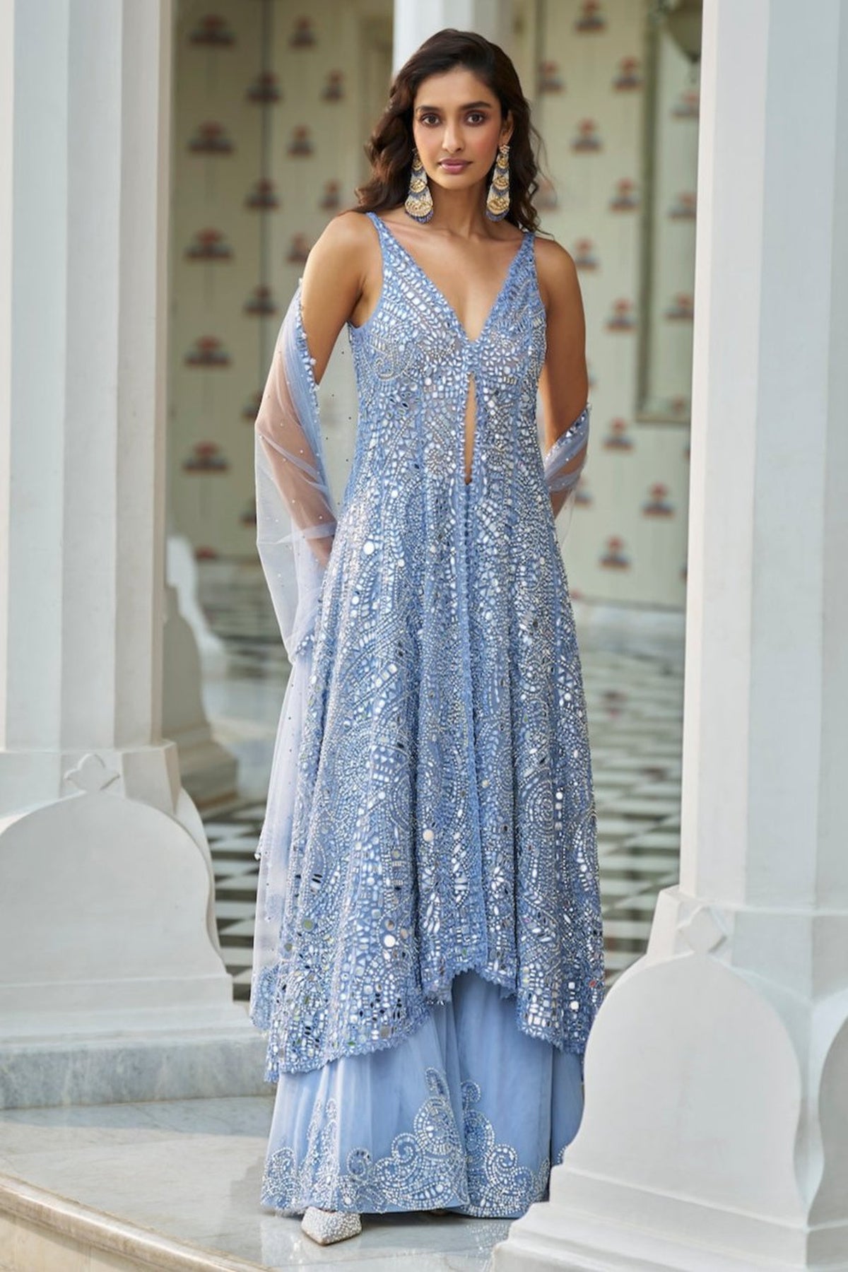 Rakul Preet in Blue Mirror Work Jacket Sharara Set