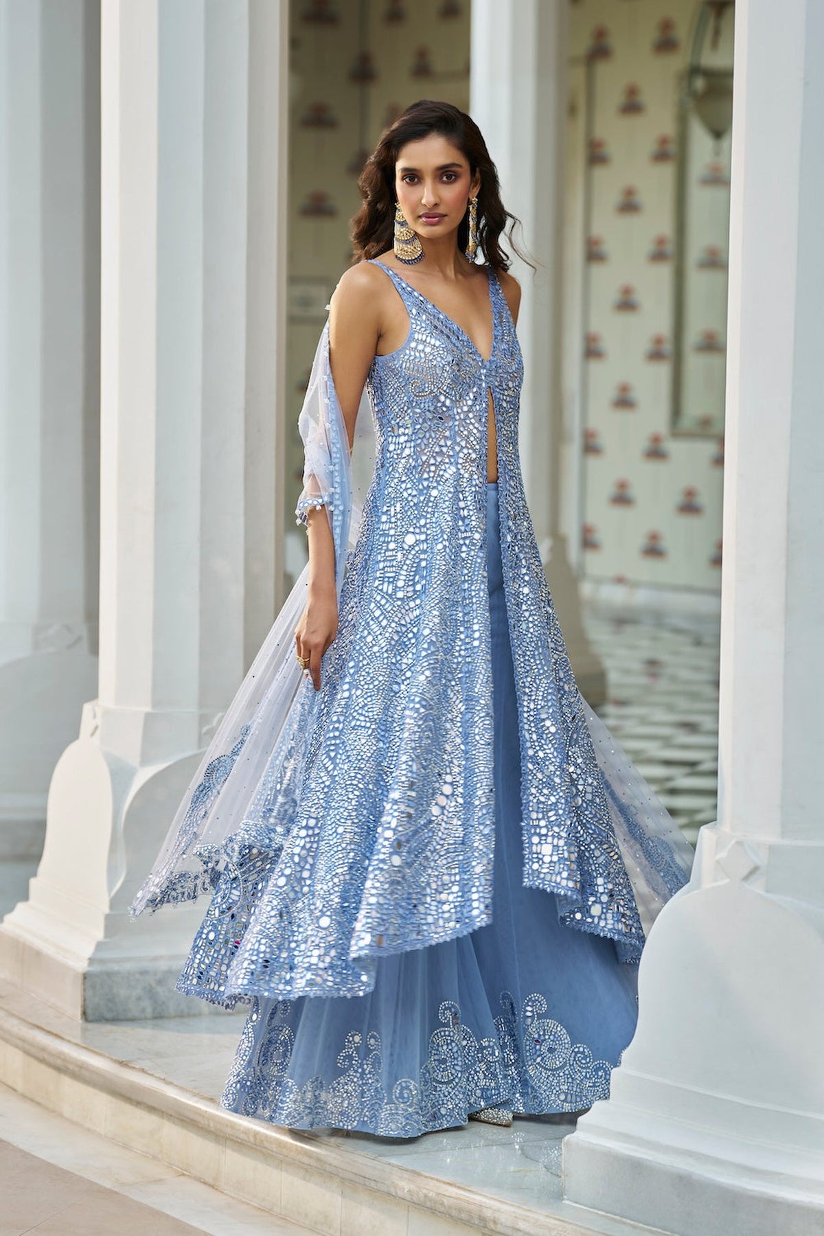 Rakul Preet in Blue Mirror Work Jacket Sharara Set