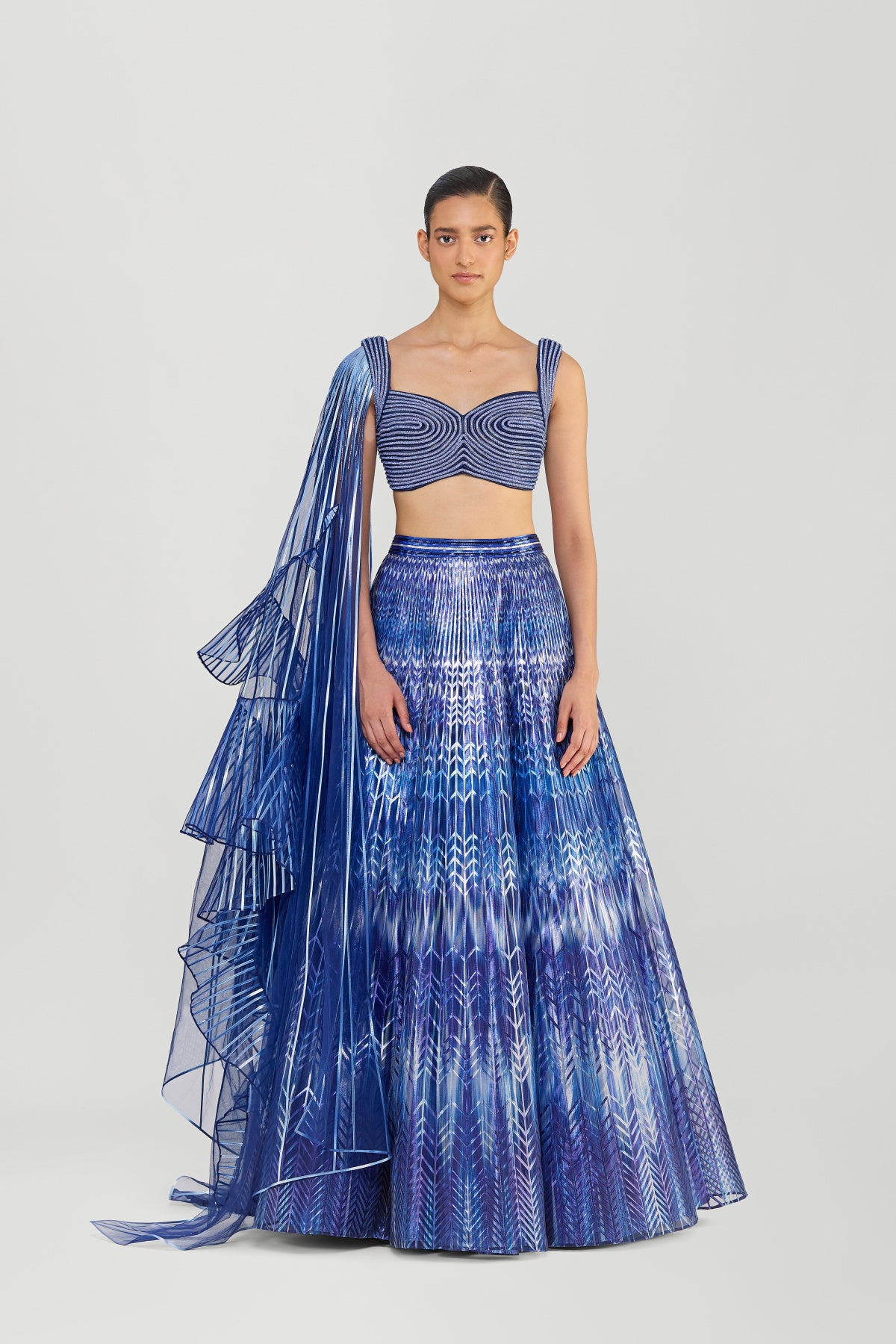 Kriti Sanon in Metallic Fluted Tulle Printed Skirt With Ruffle Drape And Structured Crystalvein Top