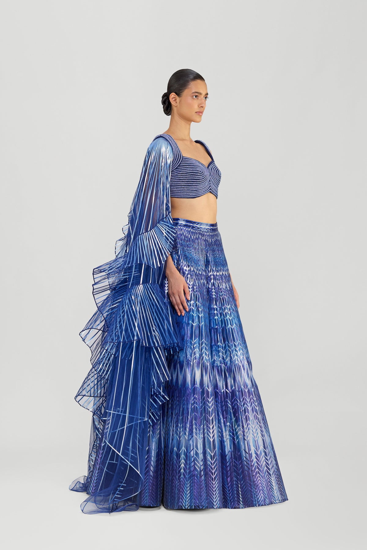 Kriti Sanon in Metallic Fluted Tulle Printed Skirt With Ruffle Drape And Structured Crystalvein Top