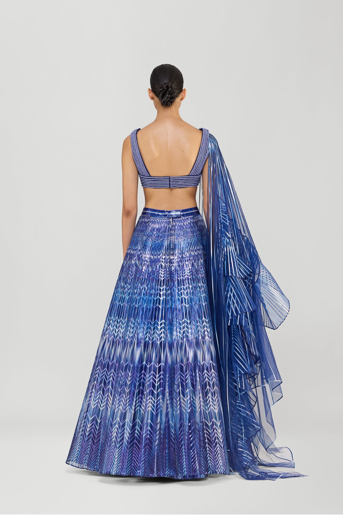 Kriti Sanon in Metallic Fluted Tulle Printed Skirt With Ruffle Drape And Structured Crystalvein Top