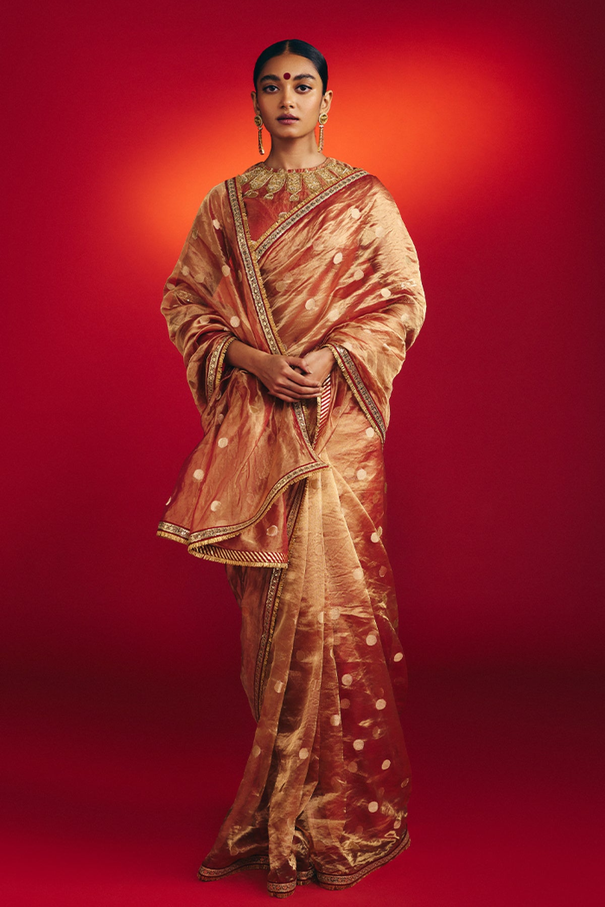 Red Polka Tissue Saree