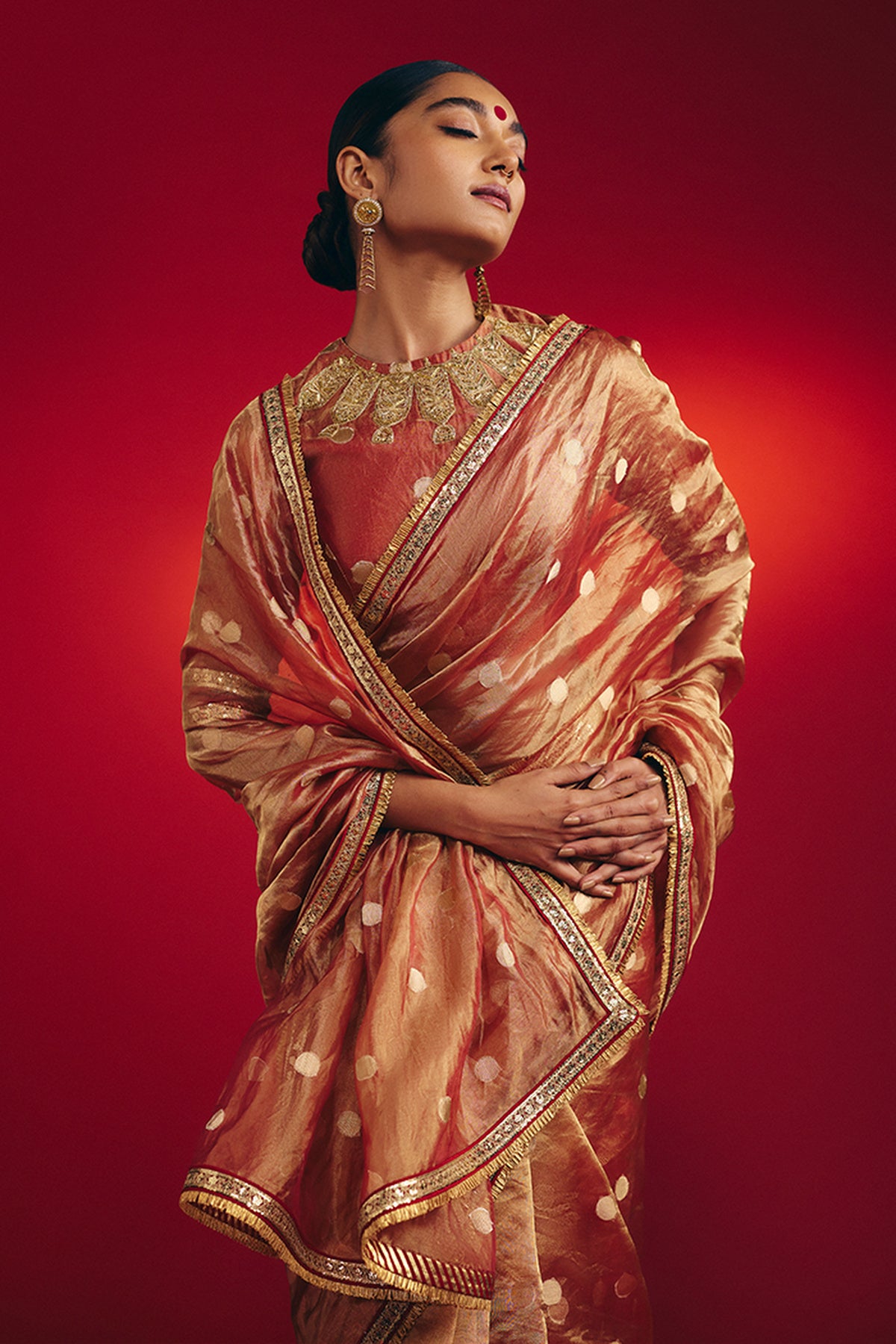 Red Polka Tissue Saree