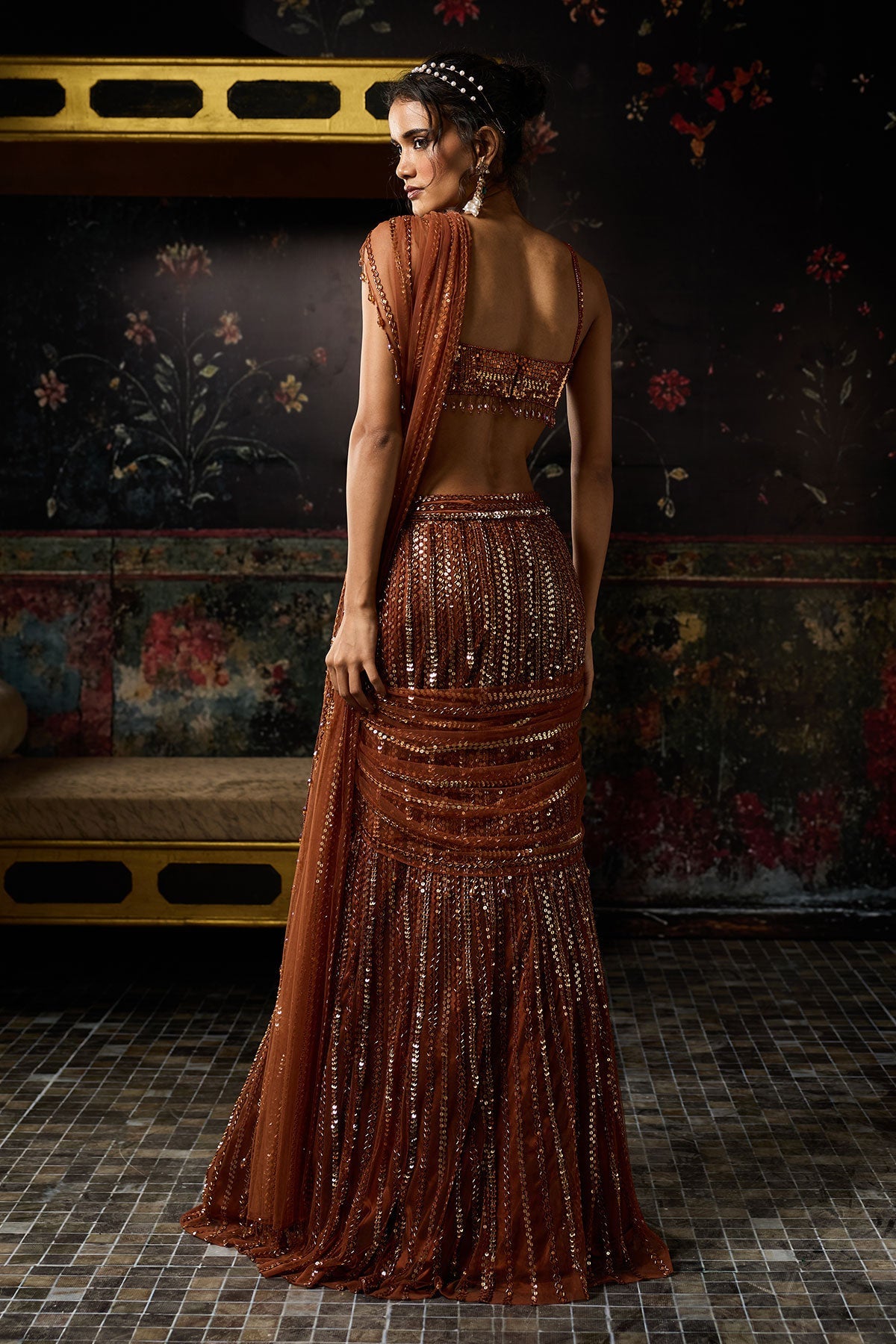 Malaika Arora in Metallic Rust Embellished Mermaid Skirt Saree Set