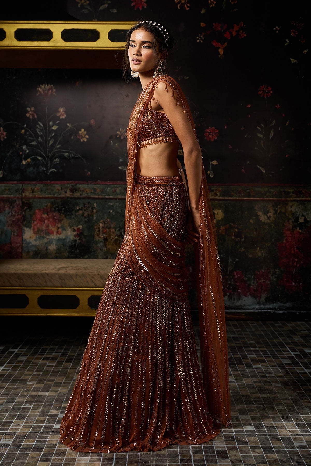 Malaika Arora in Metallic Rust Embellished Mermaid Skirt Saree Set