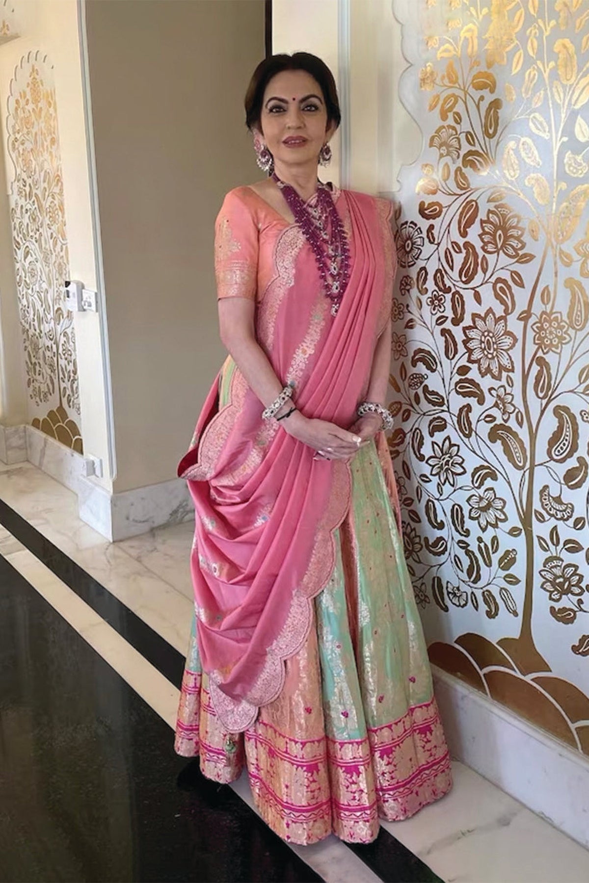 Nita Ambani in Handwoven Multi Colored Silk Lehenga