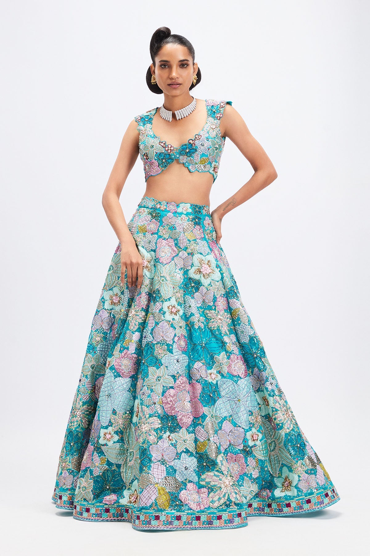 Sharvari In Cyanora - Cyan Blue Tulle Big Flower Lehenga
