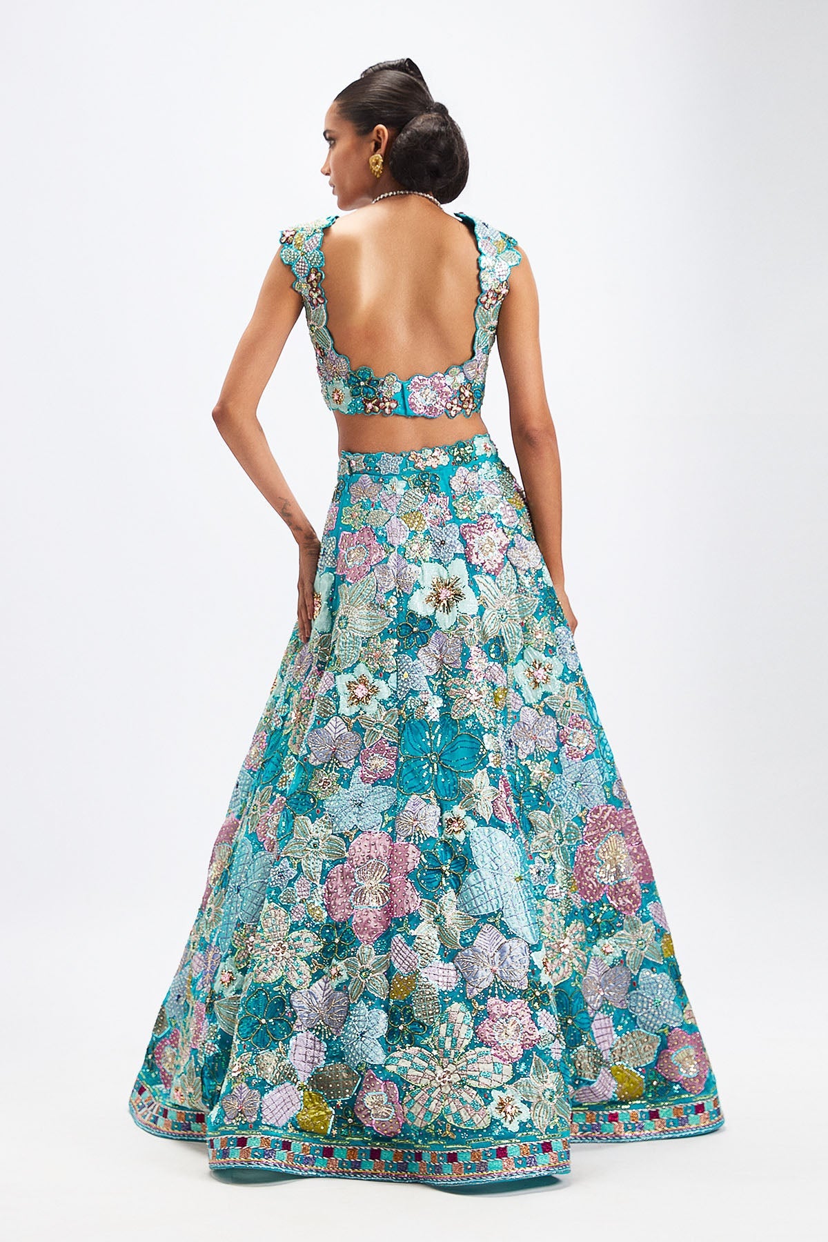 Sharvari In Cyanora - Cyan Blue Tulle Big Flower Lehenga