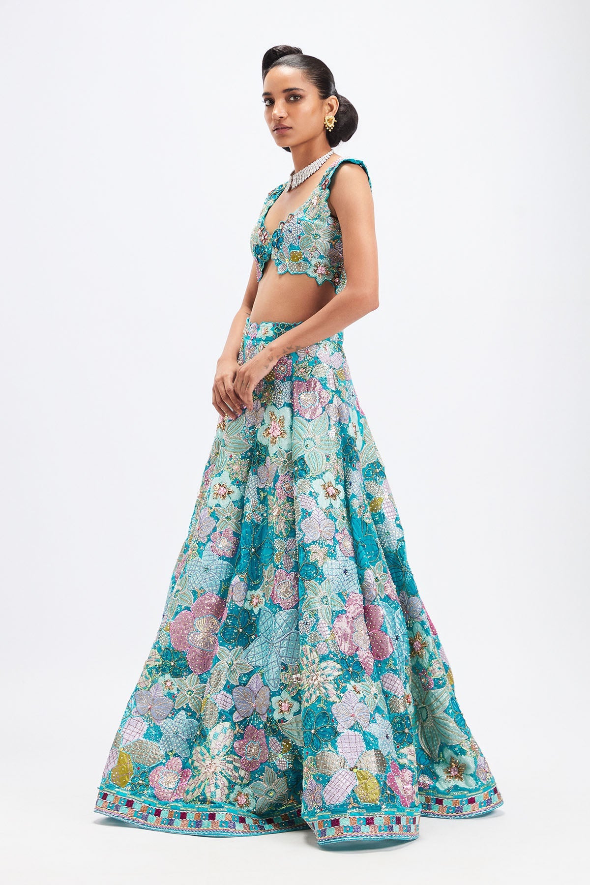 Sharvari In Cyanora - Cyan Blue Tulle Big Flower Lehenga